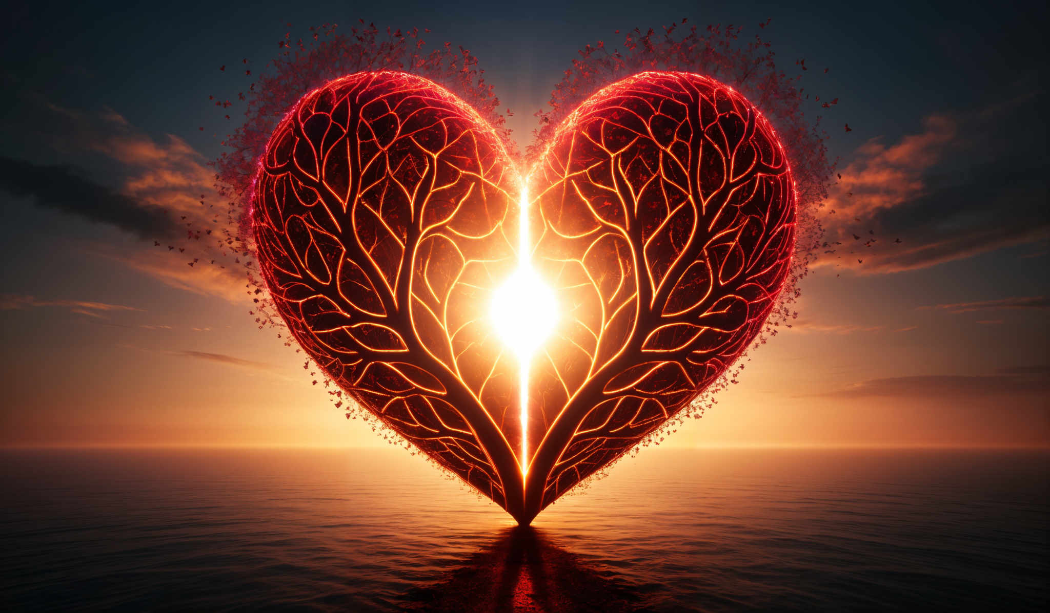 The image showcases a heart-shaped formation that appears to be made of glowing, fiery red and orange material. The heart is intricately designed with patterns resembling tree branches or veins. The center of the heart emits a bright light, almost like a sun or a star. Surrounding the heart, there are particles or embers that seem to be dispersing, giving the impression of a burst or explosion. The background features a serene sunset or sunrise over a calm body of water, with the sky transitioning from deep blue to warm orange hues.