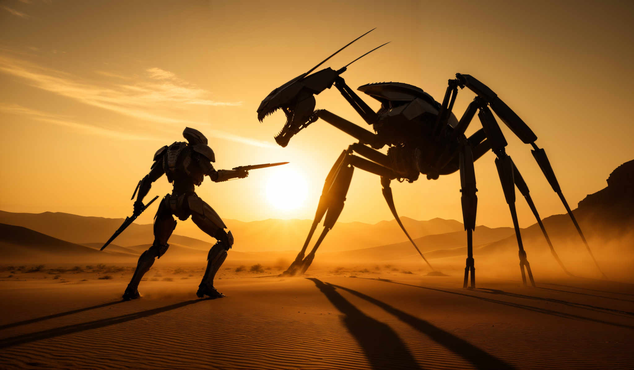 The image showcases a vast desert landscape during sunset. The sky is painted in hues of orange and yellow, with the sun casting a golden glow over the horizon. The foreground features a large, spider-like robot with multiple legs, a long neck, and sharp claws. It appears to be facing a humanoid figure in advanced armor, who is poised with a weapon. The humanoids' armor is sleek, predominantly black, and has intricate designs. The desert sand stretches out, dotted with small rock formations and a distant mountain range.