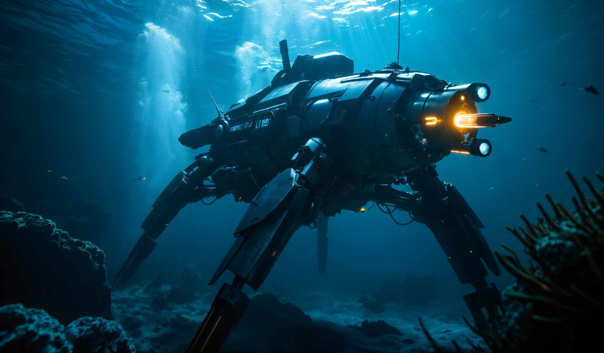 The image showcases a deep underwater scene with a large, intricate mechanical device. The device has a cylindrical main body with multiple appendages, lights, and what appears to be a propulsion system. The color palette is dominated by deep blues and blacks, representing the vastness of the ocean. Sunlight pierces through the water's surface, creating a shimmering effect on the device and the surrounding environment. The underwater flora, such as corals and fish, adds a touch of life to the scene.