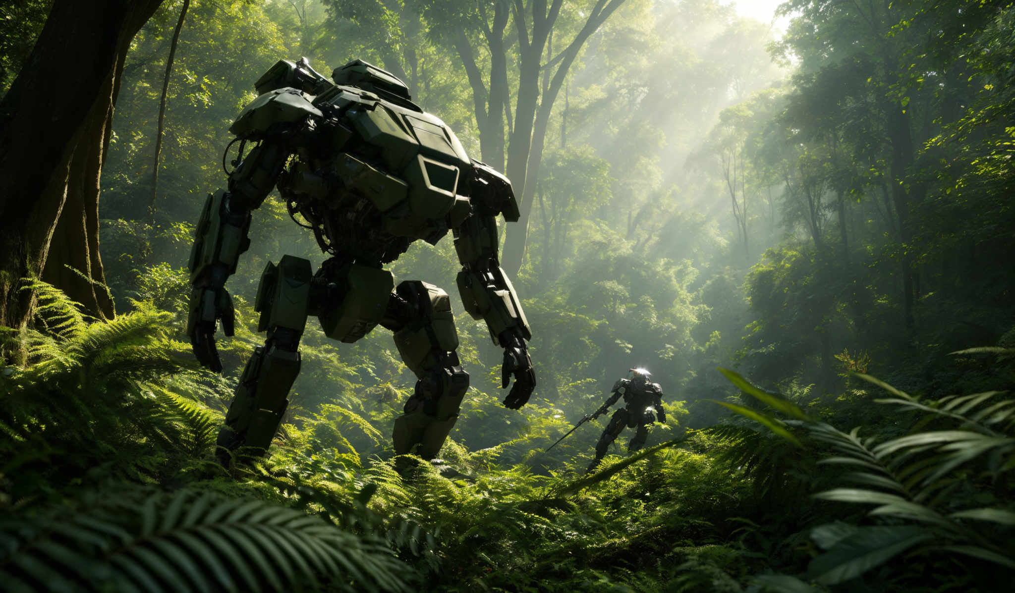 The image showcases a lush green forest with tall trees and sunlight filtering through the canopy. The primary focus is on two large robotic figures. The one on the left is a larger robot with a more robust design, while the one on right appears to be smaller and more agile. Both robots are equipped with various mechanical components and are positioned amidst the dense foliage.