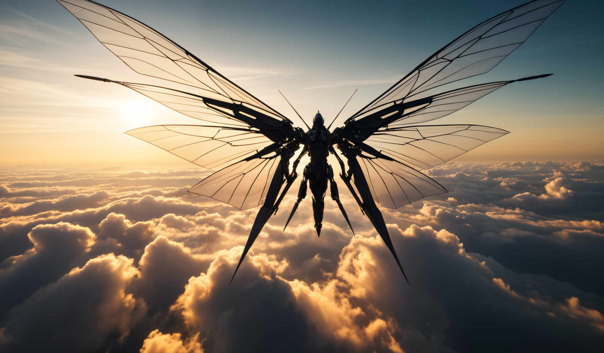 The image showcases a majestic scene of a vast expanse of clouds covered in golden sunlight. Dominating the foreground is a large, intricately designed mechanical creature resembling a dragon or a serpent. This creature has translucent wings that span wide, allowing the sunlight to pass through, giving them a delicate appearance. The body of the creature is robust, with sharp edges and pointed structures, suggesting a sense of power and agility. The overall color palette is a blend of warm golden hues from the sun and cooler blues and grays from the clouds, creating a contrast that adds depth and drama to the scene.