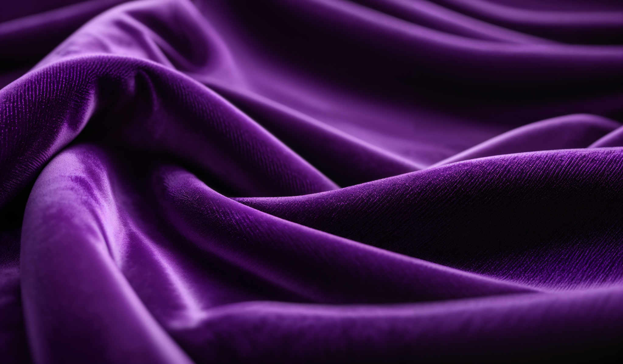 The image showcases a deep shade of purple, possibly a velvet or silk material. The material is folded in a way that reveals its smooth texture and the intricate folds and creases. The lighting accentuates the richness of the color and the sheen of the material, giving it a luxurious and elegant appearance.