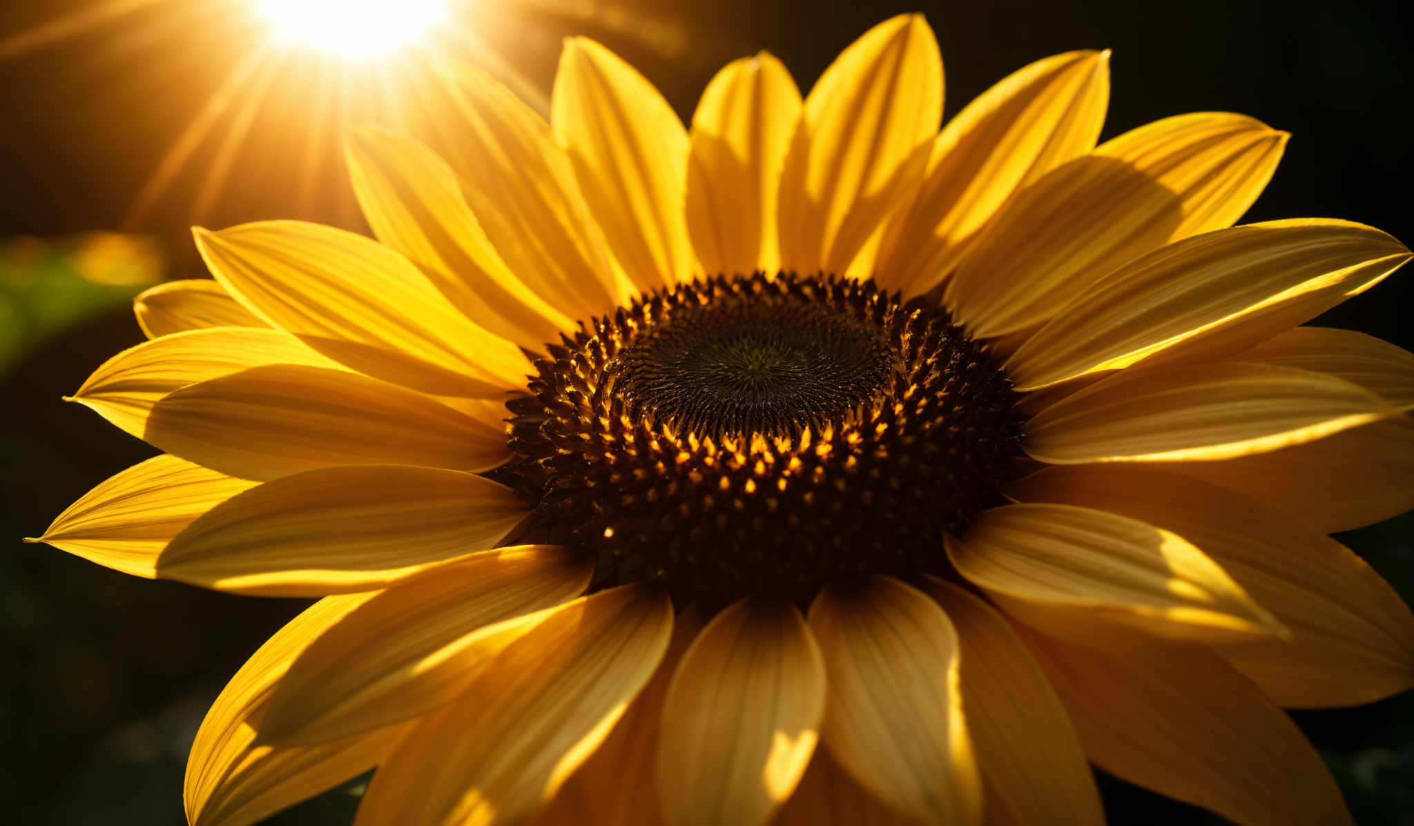 The image showcases a vibrant sunflower bathed in the golden hues of the setting or rising sun. The sunflowers petals are bright yellow, exhibiting a smooth texture with subtle gradient shades. The center of the sunflowering head is dark brown, with tightly packed small brown seeds. The background is a blend of dark green and black, creating a stark contrast with the sunlit petals, emphasizing the sun's radiant beams shining through the petals.