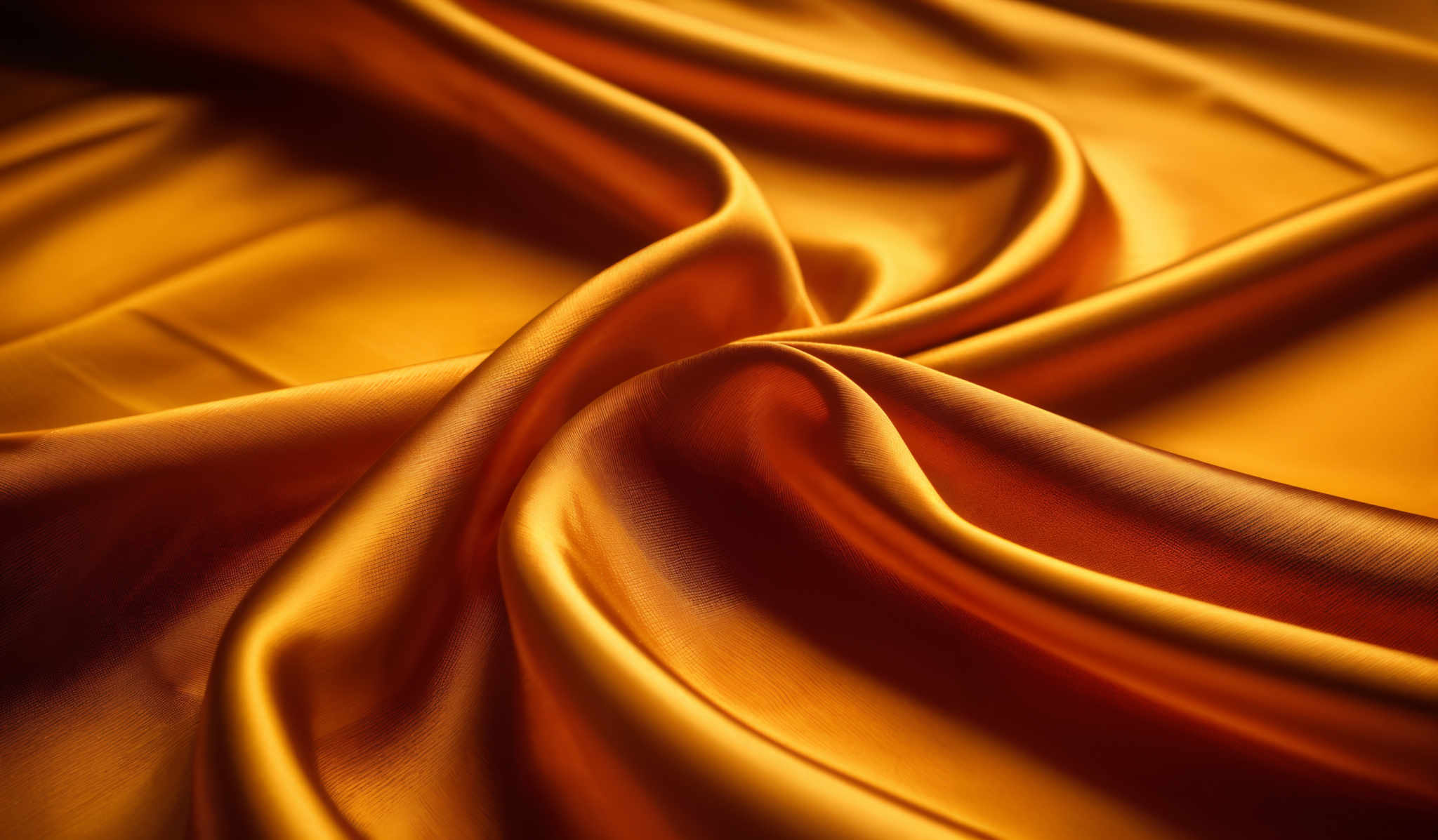 The image showcases a rich, golden-yellow fabric with intricate folds and creases. The folds create a plethora of curves and lines, giving the fabric a dynamic and flowing appearance. The fabric appears to be smooth and lustrous, reflecting light in a way that emphasizes its depth and texture. The overall color palette is warm, with the golden- yellow being the dominant hue, complemented by subtle shadows that add depth to the image and highlight the fabric's contours.