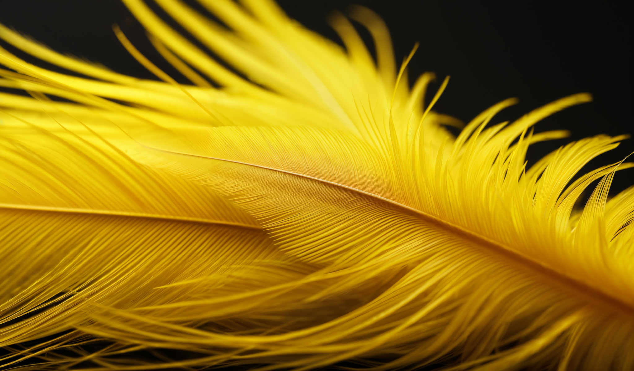 The image showcases vibrant yellow feathers against a dark background. The feathers are intricately detailed, displaying a gradient of yellow hues, from a deep, rich yellow at the base to a lighter, almost golden yellow at their tips. The texture of the feathers is visible, with fine, delicate strands and a smooth, shiny surface. The overall composition is aesthetically pleasing, emphasizing the beauty and intricacy of nature.