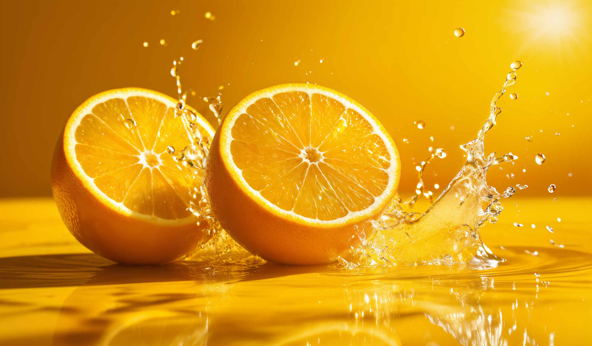 The image showcases two halves of an orange, freshly cut and placed on a reflective surface. The background is a vibrant shade of yellow, creating a warm ambiance. Water droplets are seen splashing around the orange halves, with some droplet trails extending outward. The sunlight is depicted on the top right corner, casting a bright glow and creating a dynamic contrast with the darker areas of the image, especially around the water droplettes.