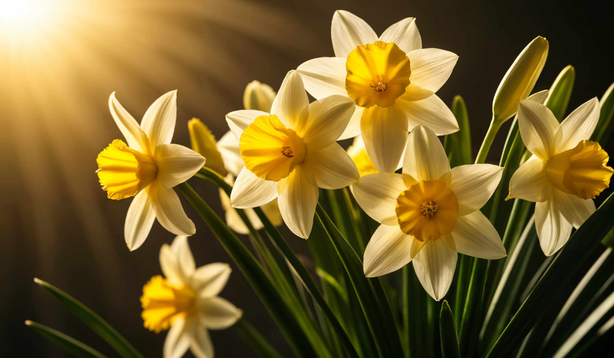 The image showcases a group of beautiful flowers with a bright yellow center and white petals. The petals are elongated and have a slightly wavy texture. The flowers are backlit, with the light source coming from the top left, casting a warm glow on them. The background is dark, which accentuates the brightness of the flowers and the light rays.