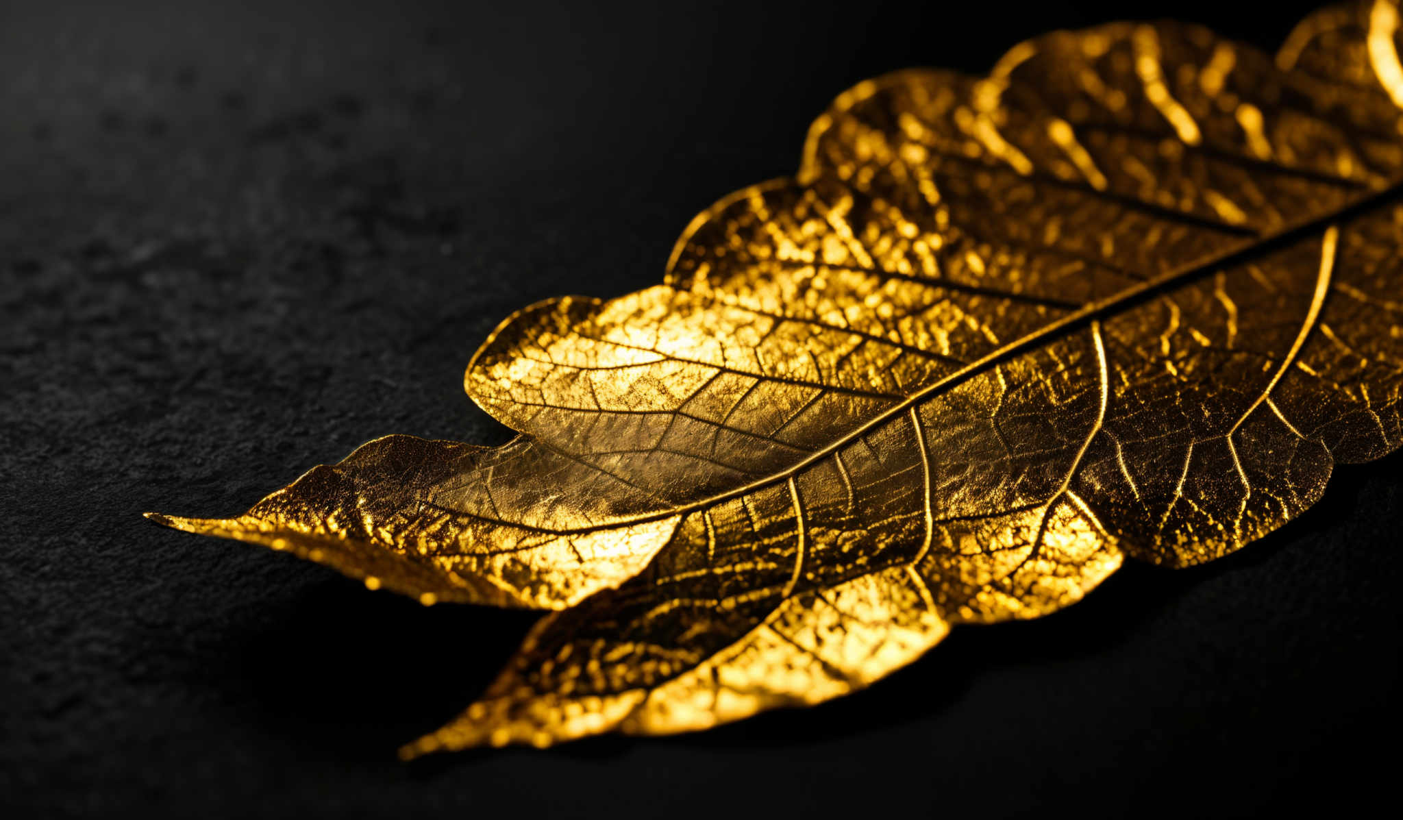 The image showcases a golden-hued leaf with intricate vein patterns. The leaf is shaped somewhat like a fan with its veins branching out in a complex web. The background is dark, possibly black, which accentuates the leaf's shimmering and reflective properties, making it stand out prominently.