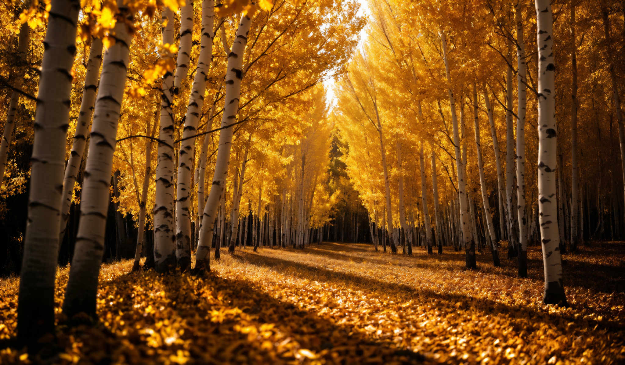 The image showcases a breathtaking view of a forest during autumn. The dominant colors are shades of orange and yellow, representing the fall foliage. The trees, predominantly birch, have white bark with black markings. The ground is covered in a thick layer of fallen leaves, creating a vibrant carpet of orange. The sunlight filters through the trees, casting a warm glow and creating a serene ambiance.