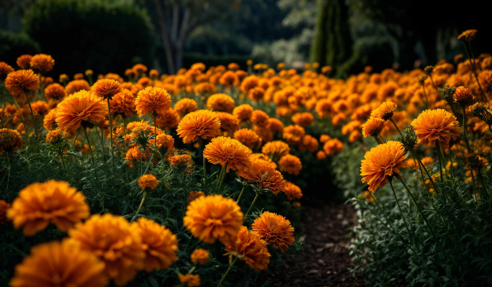 The image showcases a vibrant field of orange flowers. The flowers have a round, full shape with multiple layers of petals that radiate outwards, giving them a sunburst appearance. The green foliage surrounding the flowers provides a contrast, highlighting the brightness of the flowers.