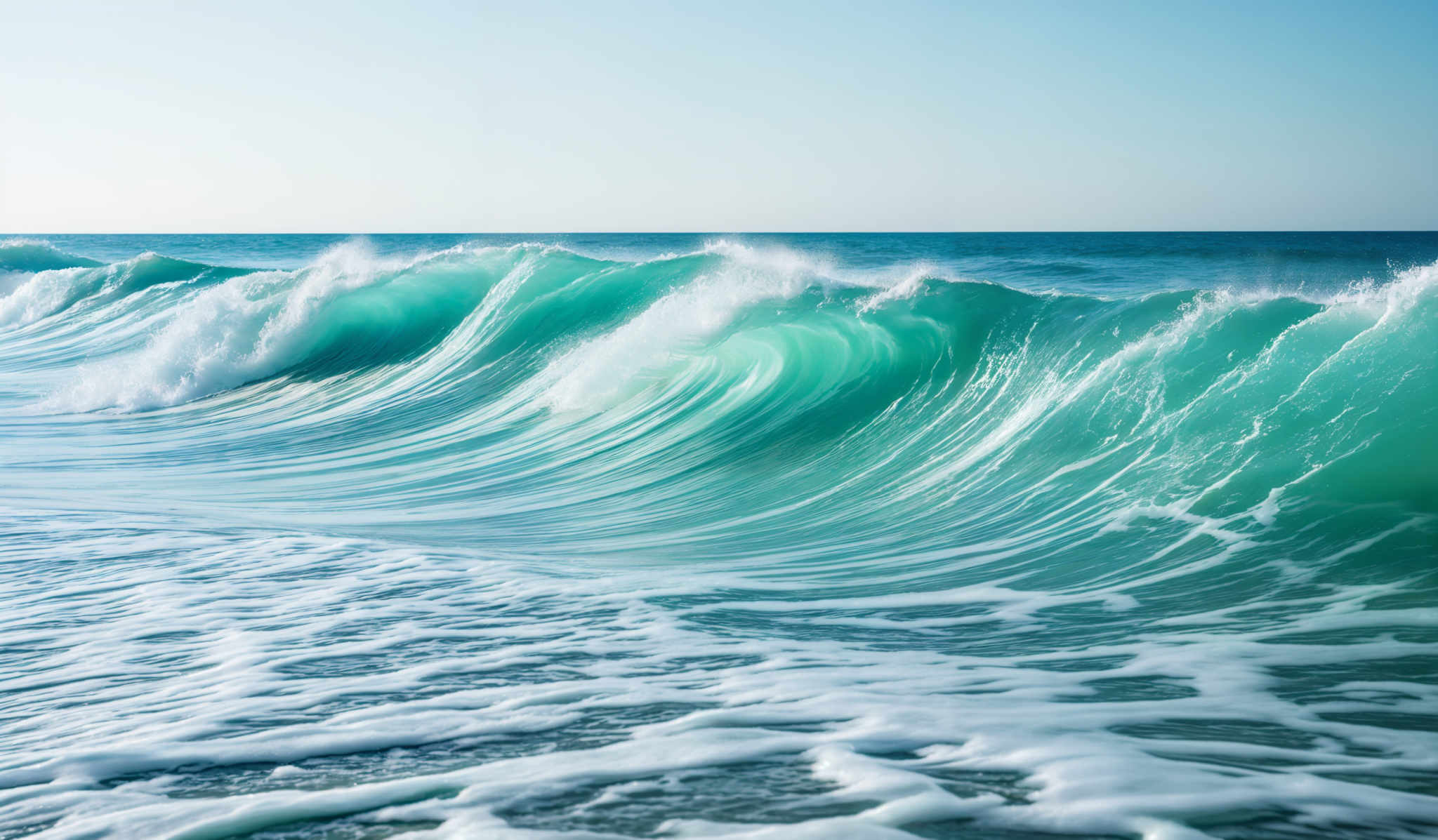 The image showcases a beautiful seascape with a dominant wave crashing towards the shore. The wave is a vibrant shade of turquoise, with white foam at its crest. The sky above is clear with a hint of blue, suggesting a sunny day. The foam from the wave is seen splashing onto the shore, creating a white pattern on the dark sandy beach.