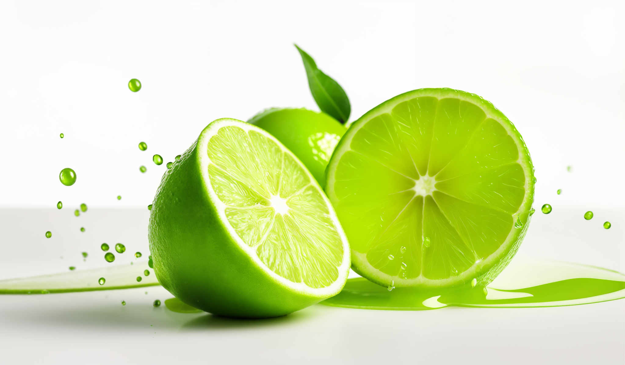 The image showcases a vibrant green, freshly cut lime. The lime is split in half, revealing its juicy, translucent interior. Water droplets are scattered around the lime, emphasizing its freshness. The background is white, which accentuates the limes' bright green color.