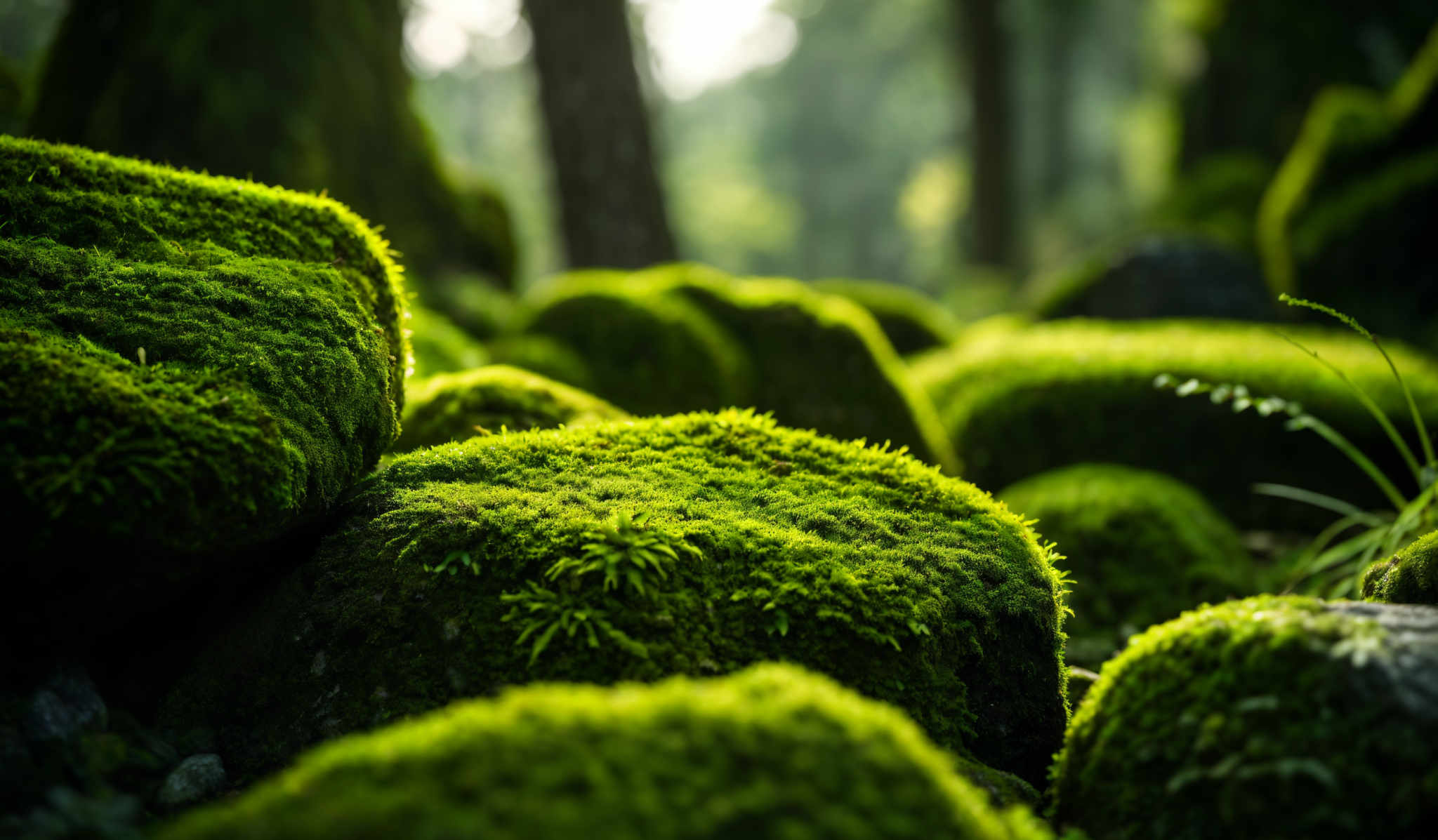 The image showcases a serene forest setting. The dominant color is a vibrant green, representing the moss-covered rocks and vegetation. The rocks are large and appear to be covered in thick moss, giving them a soft and cushioned appearance. The vegetation around the rocks includes small ferns and other green plants. The background reveals tall trees, and the light filtering through the trees creates a soft, ethereal glow, illuminating the mosaic of moss and rocks.