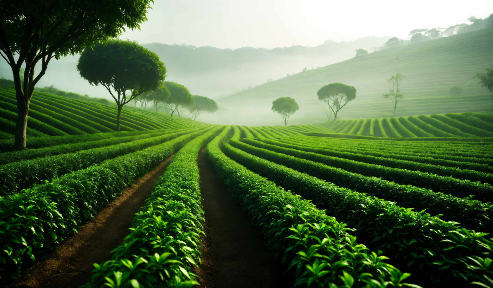 The image showcases a vast landscape of neatly arranged rows of green bushes or plants, possibly tea or some other crop. These rows are symmetrically aligned, leading the viewer's eye towards the horizon. The bushes are vibrant green, indicating healthy growth. The landscape is dotted with a few trees, standing tall and casting shadows on the rows below. The background reveals a misty hill or mountain, adding a sense of depth and mystery to the scene. The overall color palette is dominated by various shades of green, complemented by the soft white of the mist.