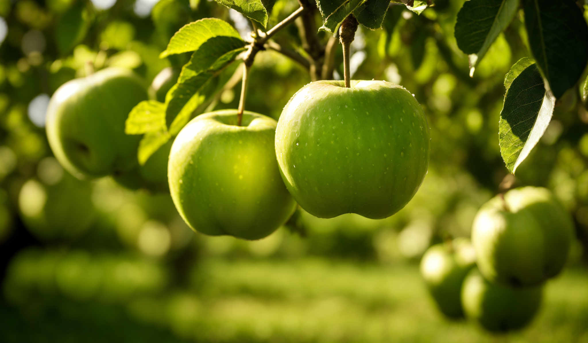 The image showcases a lush green orchard with ripe apples hanging from the branches. The apples are green with tiny water droplets on their surface, indicating freshness. The leaves surrounding the apples have a vibrant green hue, and the background is slightly blurred, emphasizing the applets in the foreground.