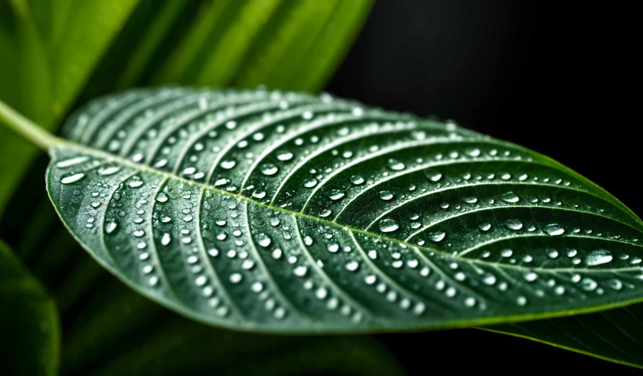 The image showcases a large, vibrant green leaf. The leaf is intricately detailed with veins that run through its surface. On the leaf, there are numerous small water droplets, which glisten and reflect light, giving the leaf a fresh and lively appearance. The background is dark, which accentuates the brightness and vibrancy of the leaf.