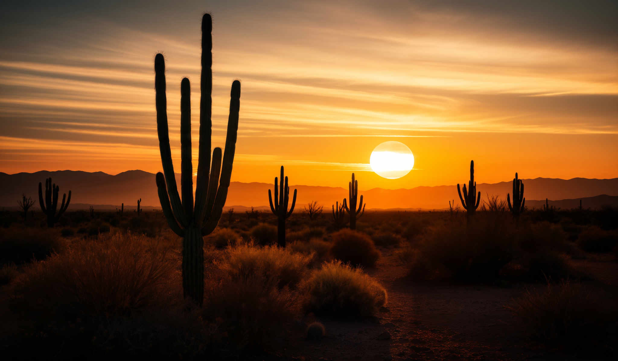 The image showcases a breathtaking sunset in a desert landscape. The sky is painted with hues of orange, yellow, and a touch of blue. The sun is positioned near the horizon, casting a golden glow. In the foreground, there are multiple saguaro cacti, which are tall, columnar cactuses with multiple arms. The cactus in the center stands out prominently. The ground is covered with desert shrubs and small plants, reflecting the warm light of the setting sun. In distant background, there's a silhouette of a mountain range.