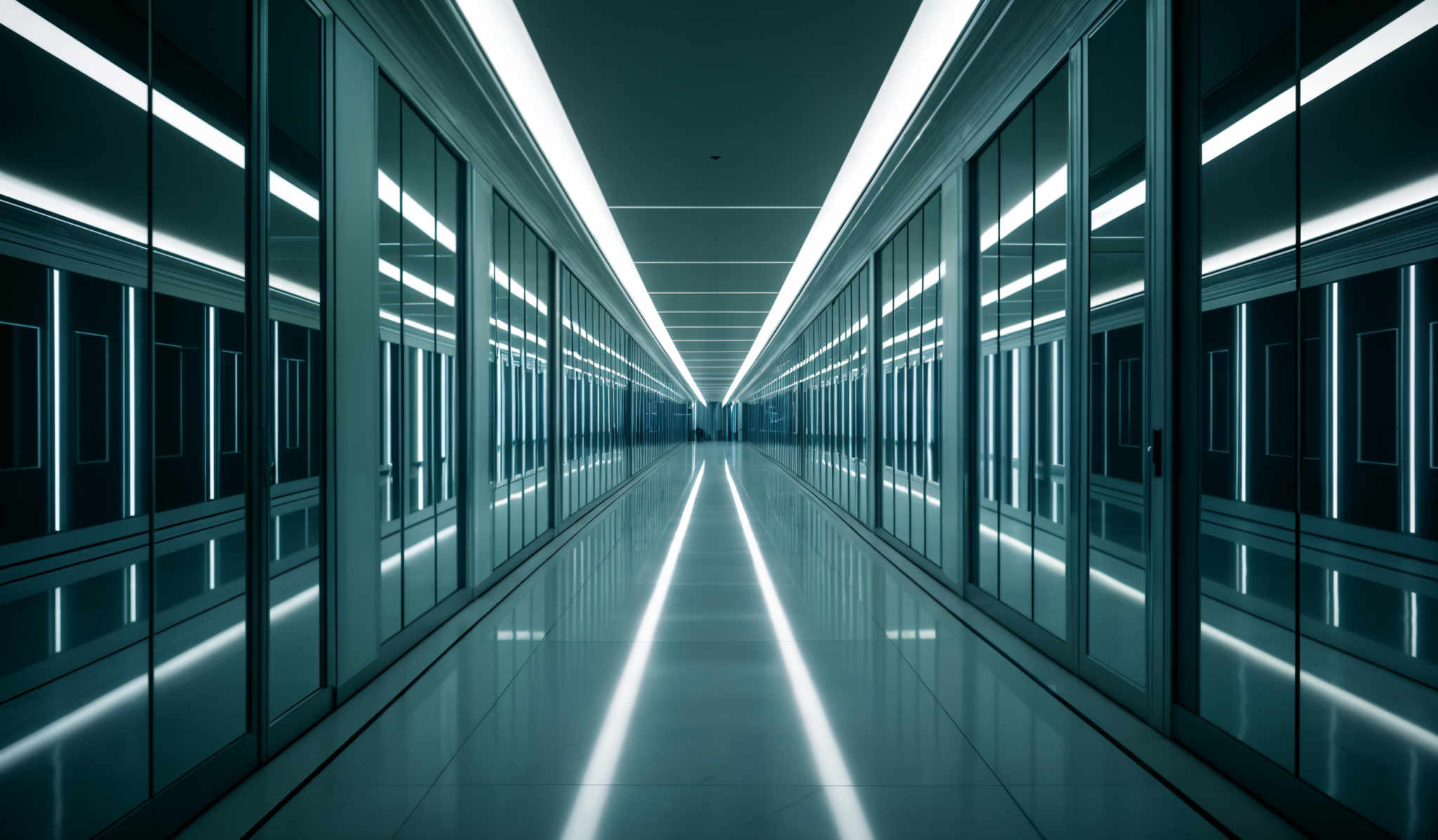 The image showcases a modern, symmetrical corridor with a futuristic design. The dominant colors are shades of blue and white. The corridors are flanked by large, clear glass panels on both sides, which reflect the ceiling lights and create a mirrored effect. The ceiling is adorned with linear, bright white lights that run parallel to the corridory's length, adding to the illumination. The floor appears to be made of polished, reflective tiles, further enhancing the corrdor's mirrored appearance.