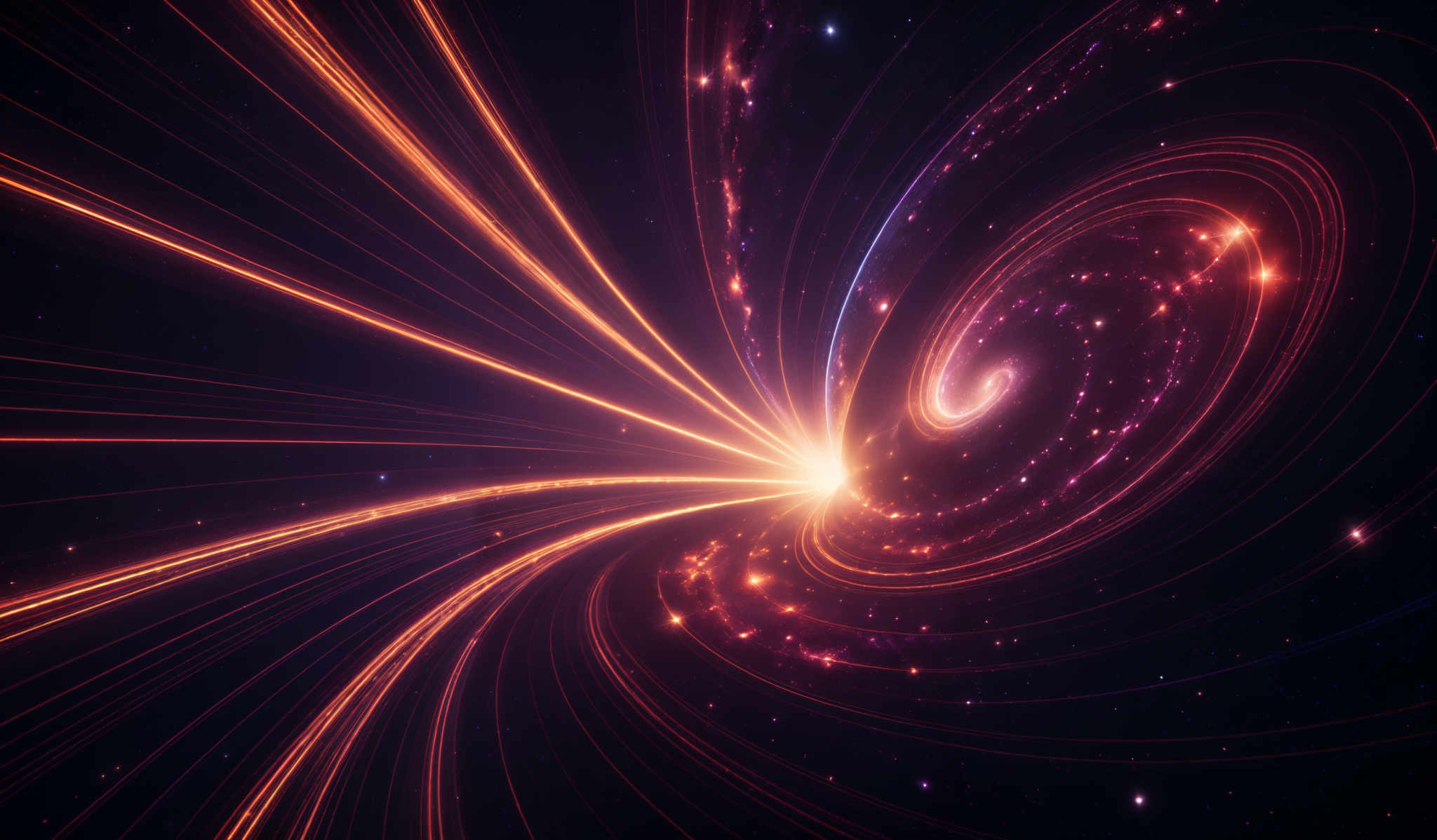 The image showcases a vibrant and mesmerizing cosmic scene. It predominantly features swirling patterns of bright orange and red light, reminiscent of galaxies or nebulae. These swirls are intertwined with streaks of light that radiate outwards, creating an effect of dynamic energy. The background is dark, punctuated with tiny specks of light, possibly representing distant stars or other celestial bodies. The overall composition gives a sense of motion and depth, as if one is looking into the vast expanse of the universe.