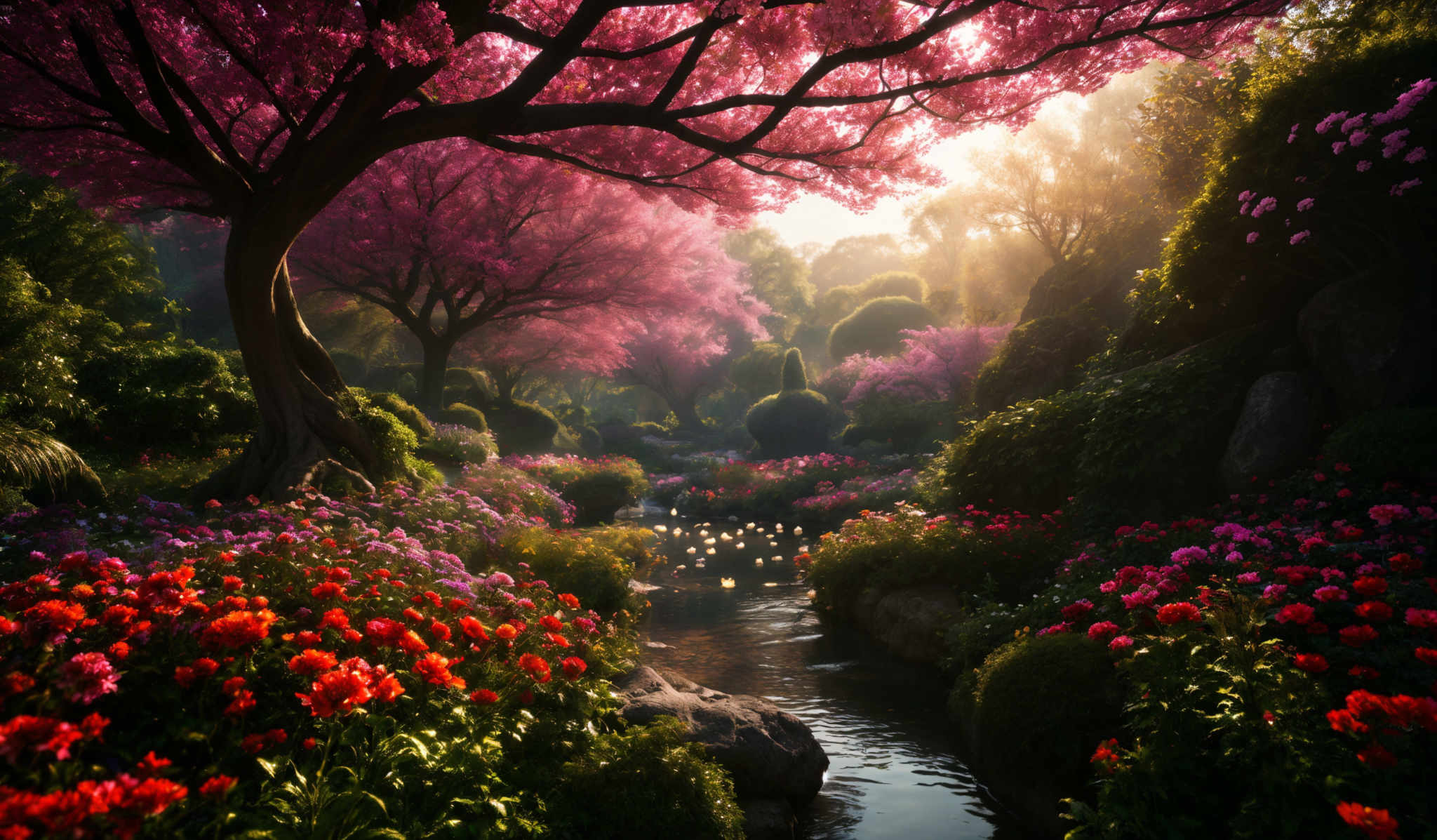 The image showcases a picturesque scene of a garden. Dominating the scene is a large tree with pink blossoms, its branches spreading out in all directions. The ground is adorned with a variety of flowers in shades of red, pink, and purple. There's a serene water body, possibly a pond, with small lily pads floating on its surface. The water reflects the surrounding beauty, adding to the tranquility of the scene. Sunlight filters through the trees, casting a soft glow and creating a play of light and shadow.