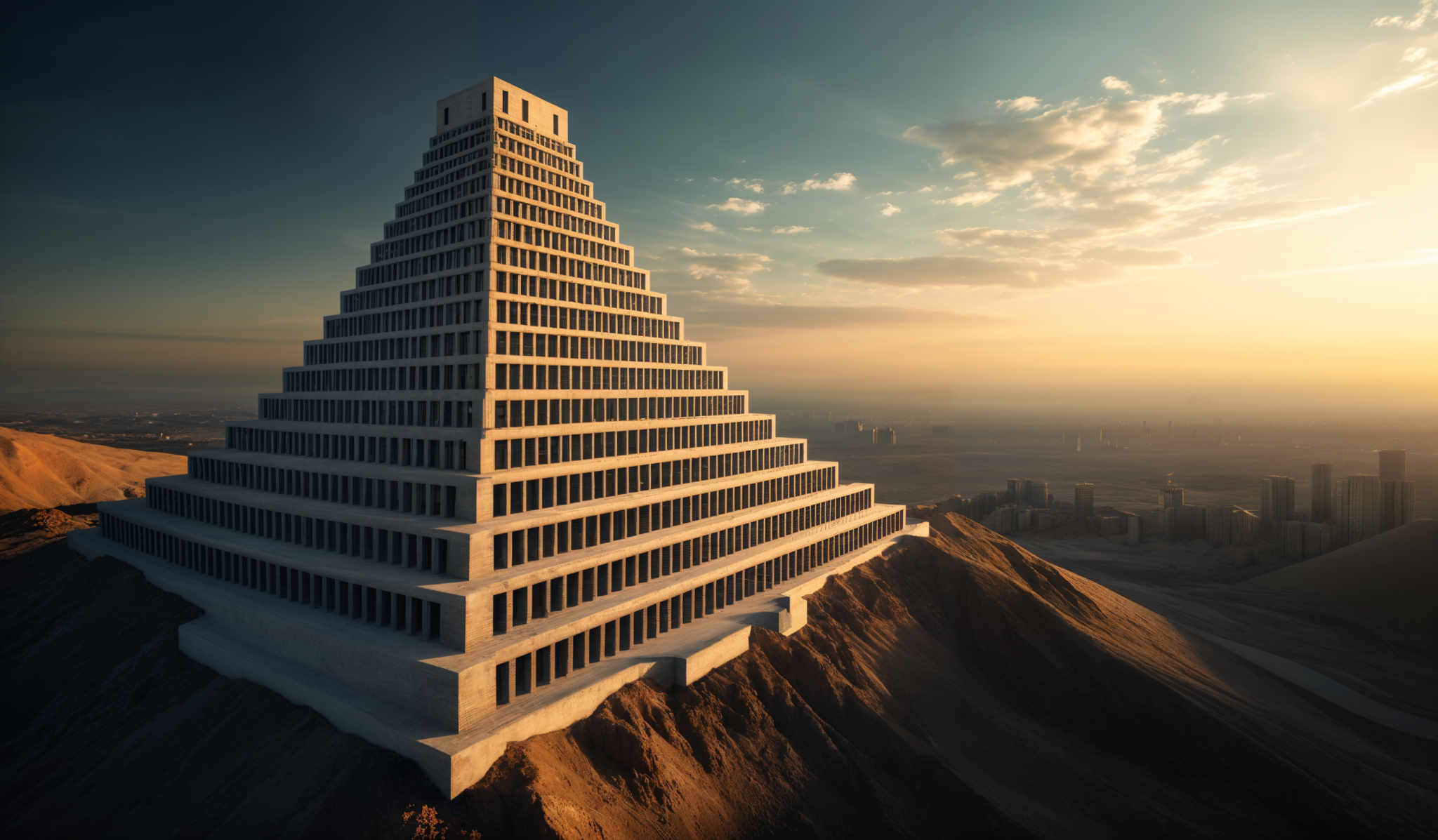 The image showcases a large, towering structure resembling a stepped pyramid. The structure is bathed in a warm, golden hue, possibly from the setting or rising sun. The topmost section of the pyramide has a square-shaped opening. The surrounding landscape consists of vast deserts with dunes and a cityscape in the distance. The sky is painted with hues of blue and orange, indicating either dawn or dusk.