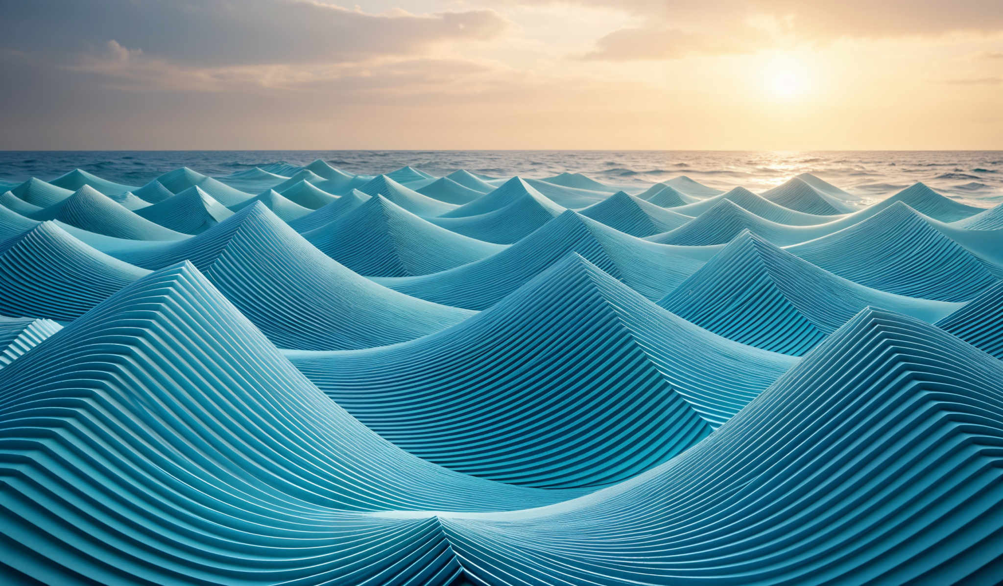 The image showcases a series of undulating, wave-like structures made of a light blue material. These structures are layered in such a way that they create a rhythmic pattern, reminiscent of ocean waves. The sun is setting in the background, casting a warm golden hue over the scene. The sky is a mix of dark clouds and clear patches, adding depth and contrast to the overall composition.