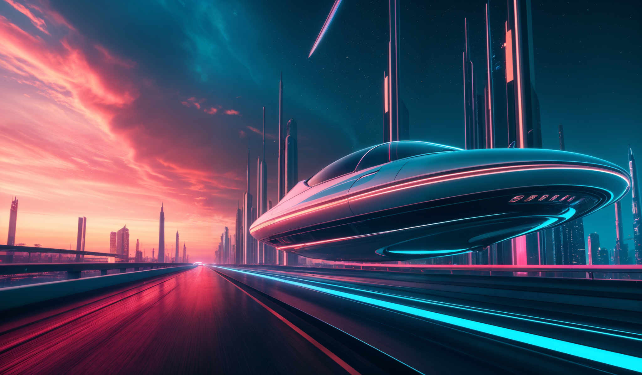 The image showcases a futuristic cityscape during sunset or sunrise. The sky is painted with hues of pink, orange, and blue, with dramatic cloud formations. The city itself is adorned with tall, sleek skyscrapers that glow with neon lights. In the foreground, there's a road with a flying vehicle, which has a sleek and streamlined design, hovering above the road. The vehicle emits a bright blue glow, contrasting with the dark road below. The overall ambiance of the image is vibrant, futurist, and technologically advanced.