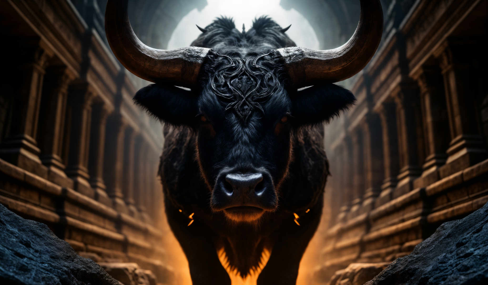 The image showcases a dark, majestic bull with large, curved horns. The bull's eyes are glowing with a fiery orange hue. It has intricate patterns and designs etched onto its forehead and horns, giving it a regal appearance. The background features an ancient-looking corridor with stone pillars and arches, illuminated by a soft, ethereal light. The overall color palette is dominated by dark browns, blacks, and fiery oranges, creating a contrast between the darkness of the bull and the light of the corridors.