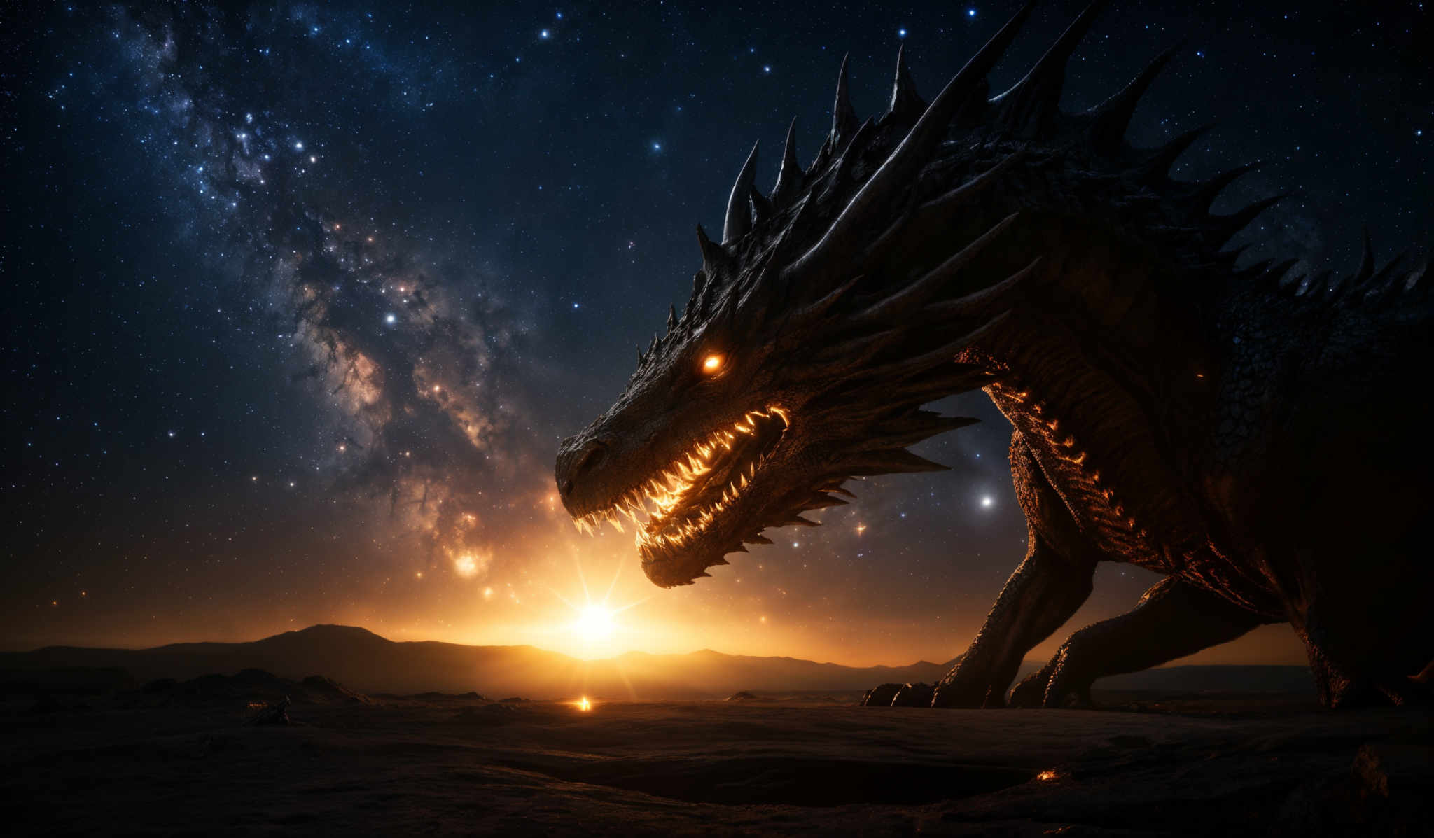 The image showcases a vast, starry night sky with the Milky Way galaxy prominently displayed. The colors range from deep blues and blacks in the sky to bright whites and golds from the stars. In the foreground, there's a large, menacing dragon with sharp spikes and glowing eyes. The dragon appears to be made of a dark, rocky material and is situated on a barren landscape with a few scattered rocks. The horizon shows a sunset or sunrise, casting a warm, golden hue over the scene.