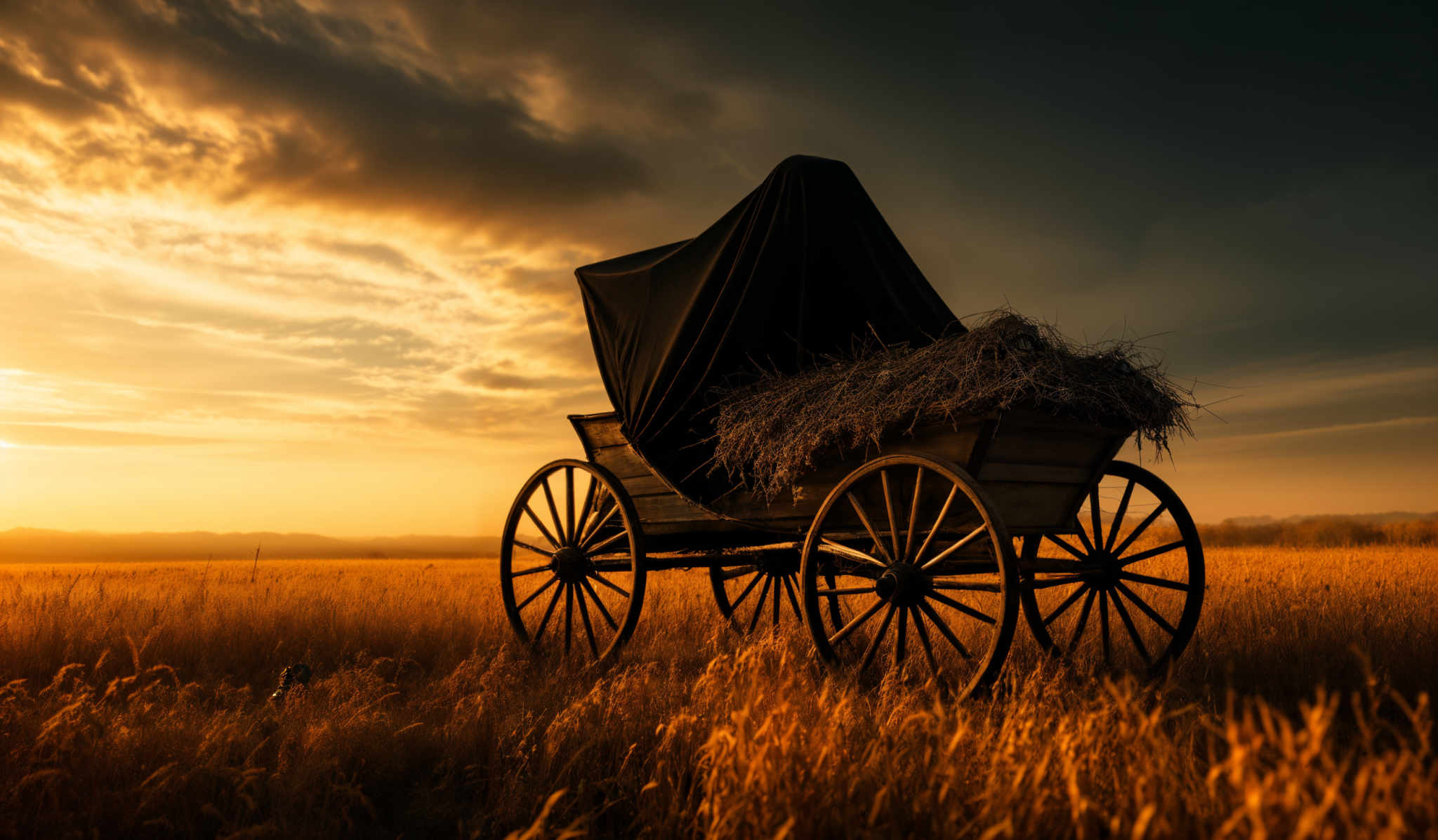 The image showcases a vast expanse of a golden-hued field, possibly a wheat or barley field, bathed in the warm glow of the setting or rising sun. The sky is a mix of deep blues and golden yellows, with dramatic clouds casting shadows on the landscape. In the foreground, there's a vintage wooden cart with large wheels, which is covered with a dark cloth. The cart is loaded with hay or straw. The overall ambiance of the image is serene, evoking a sense of nostalgia and tranquility.