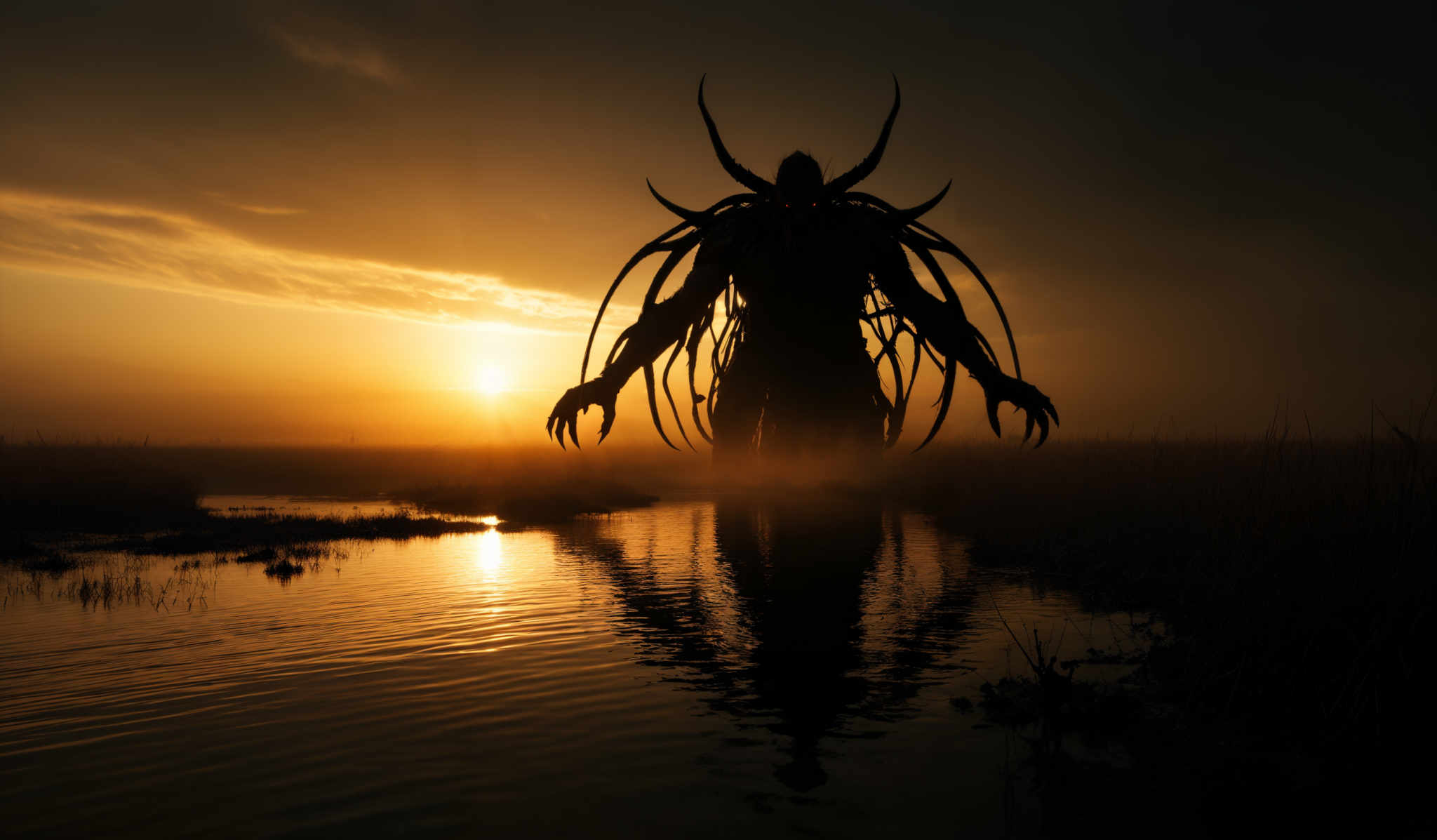 The image showcases a vast landscape during sunset. The sky is painted with hues of orange, yellow, and gray, with the sun setting in the distance. The horizon is slightly obscured by a layer of mist or fog. In the foreground, there's a serene body of water reflecting the sun's glow. Dominating the scene is a large, dark silhouette of a creature with long, outstretched arms and horns. The creature appears to be emerging or hovering over the water, with its reflection visible in the water below. The overall mood of the image is mysterious and eerie.