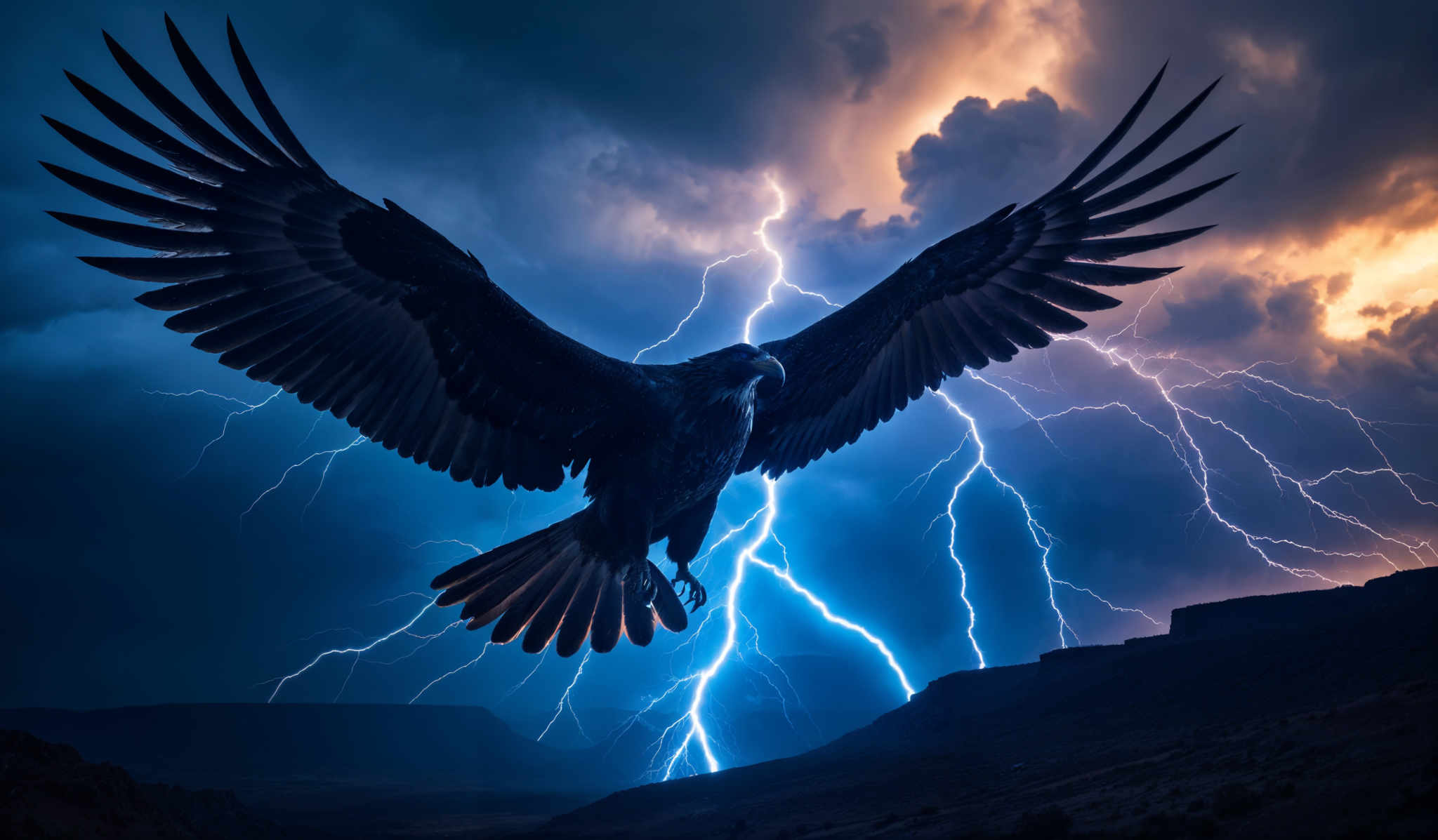 The image showcases a majestic eagle in mid-flight against a dramatic backdrop. The eagle's wings are spread wide, displaying a beautiful array of feathers. The sky is filled with dark, stormy clouds, and lightning bolts can be seen striking down. The lightning provides a stark contrast to the deep blues and grays of the stormy atmosphere. The landscape below appears rugged with mountains or hills.