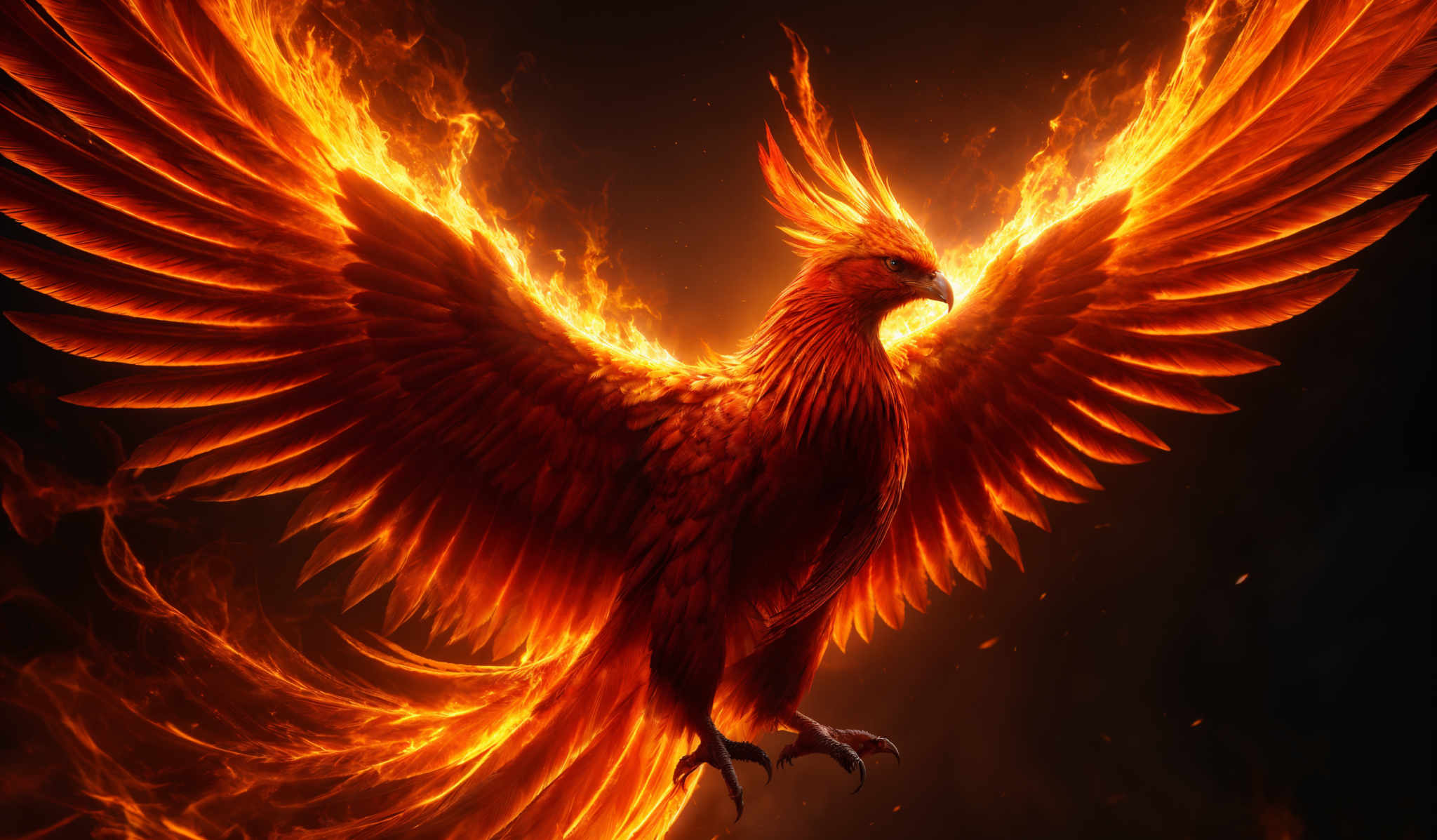 The image showcases a vibrant and fiery depiction of a bird, specifically resembling a phoenix. The bird is in a dynamic pose, with its wings spread wide, showcasing a brilliant display of flames that seem to emanate from its feathers. The color palette is dominated by fiery reds, oranges, and deep blacks, creating a contrast that emphasizes the bird's fiery nature. The intricate details of the feathers, combined with the swirling flames, give the image a sense of motion and energy.