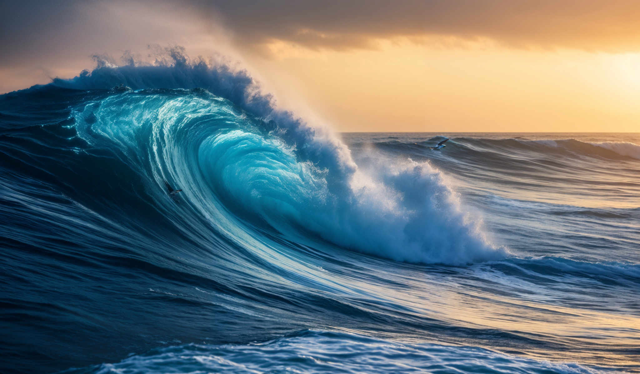 The image showcases a large, powerful wave with a beautiful turquoise hue, glistening as it crashes. The wave's shape is curling, with a white frothy crest at the top. The background displays a dramatic sky with dark clouds on the left and a golden sunset on the right, casting a warm glow over the ocean. There are also silhouettes of birds flying near the wave, adding to the scene's dynamic nature.