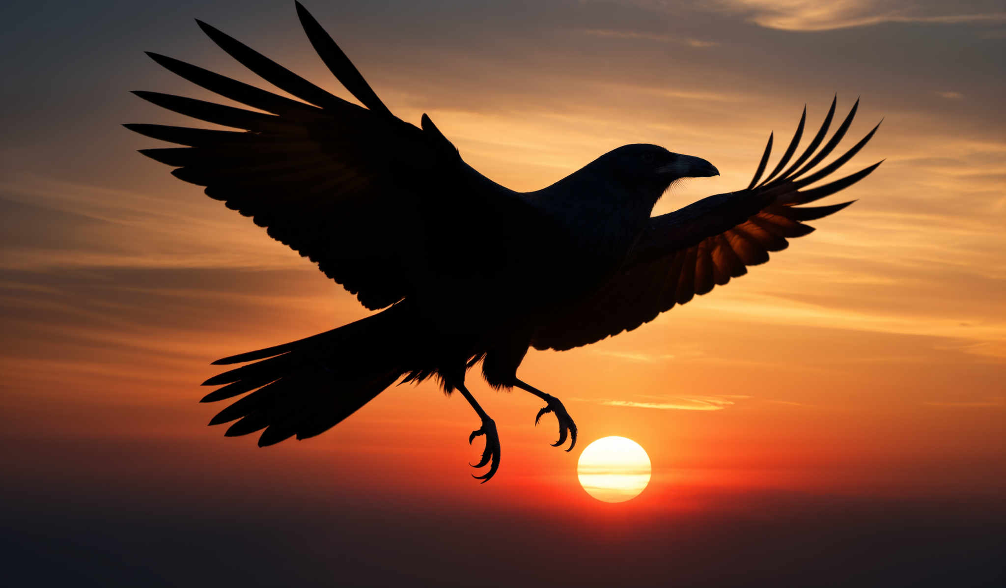 The image showcases a bird, possibly a crow or raven, in mid-flight against a backdrop of a sunset. The bird's wings are fully extended, displaying a beautiful array of feathers. The sun is positioned near the horizon, casting a warm orange and yellow hue across the sky. The silhouette of the bird, combined with the sunset, creates a dramatic and captivating visual.