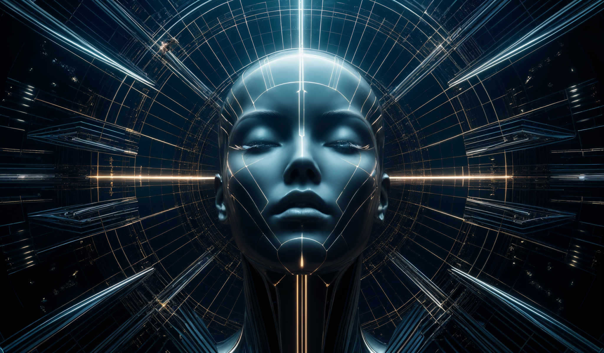 The image showcases a digital representation of a humanoid face surrounded by intricate patterns of circuits and digital grids. The dominant colors are shades of blue and gold, creating a contrast between the cool and warm tones. The face appears to be made of a metallic or synthetic material, with sharp, angular features. The background consists of concentric circles emanating from the center, filled with detailed circuitry and digital symbols.