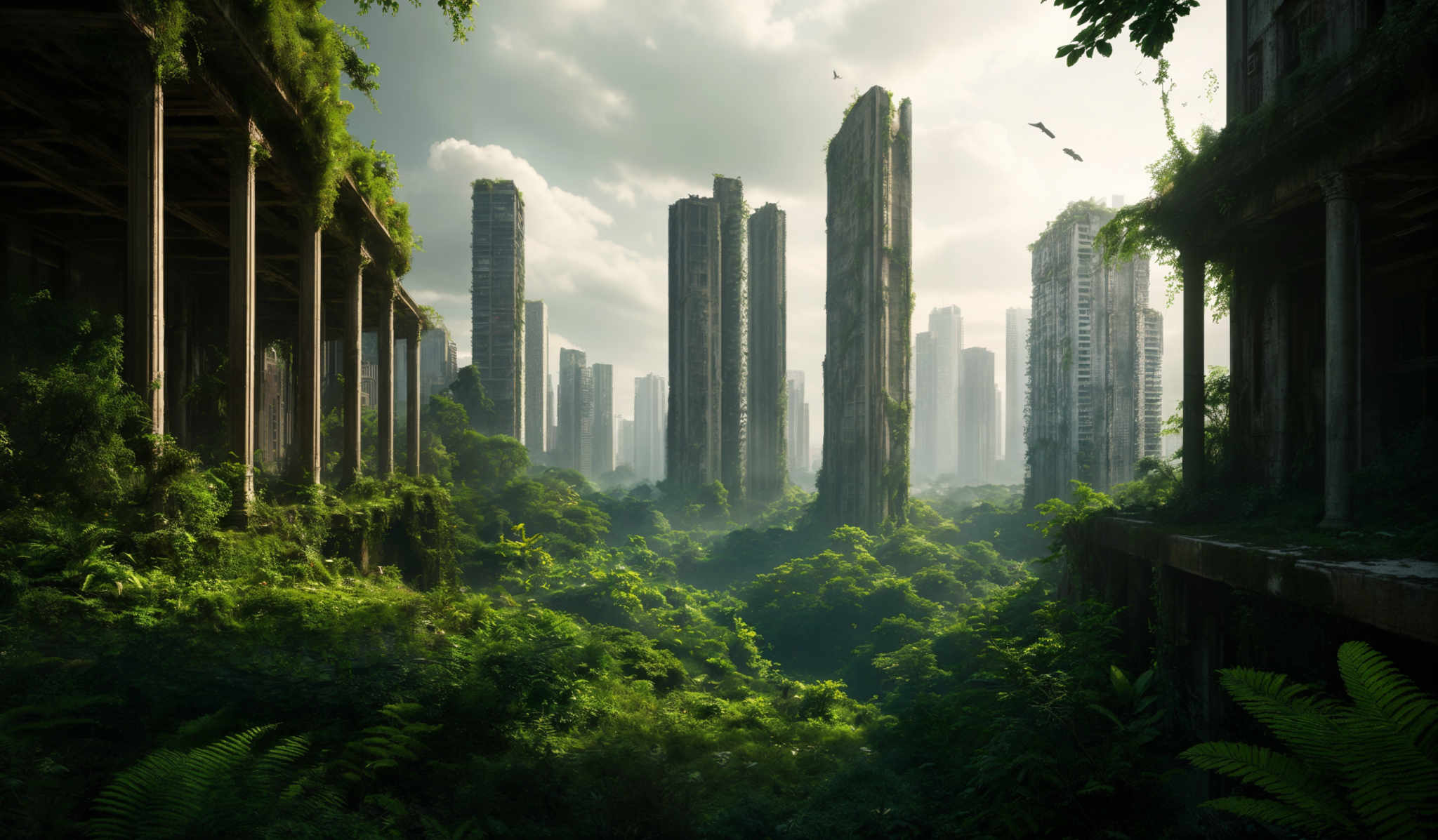 The image showcases a post-apocalyptic urban landscape. The foreground features overgrown, dilapidated structures with large pillars and archways covered in green foliage. The background reveals tall skyscrapers, some of which are also covered in vegetation. The color palette is dominated by various shades of green from the overgrowth, contrasted by the grays and browns of the ruins. The sky is partly cloudy, and there are birds flying in the distance.