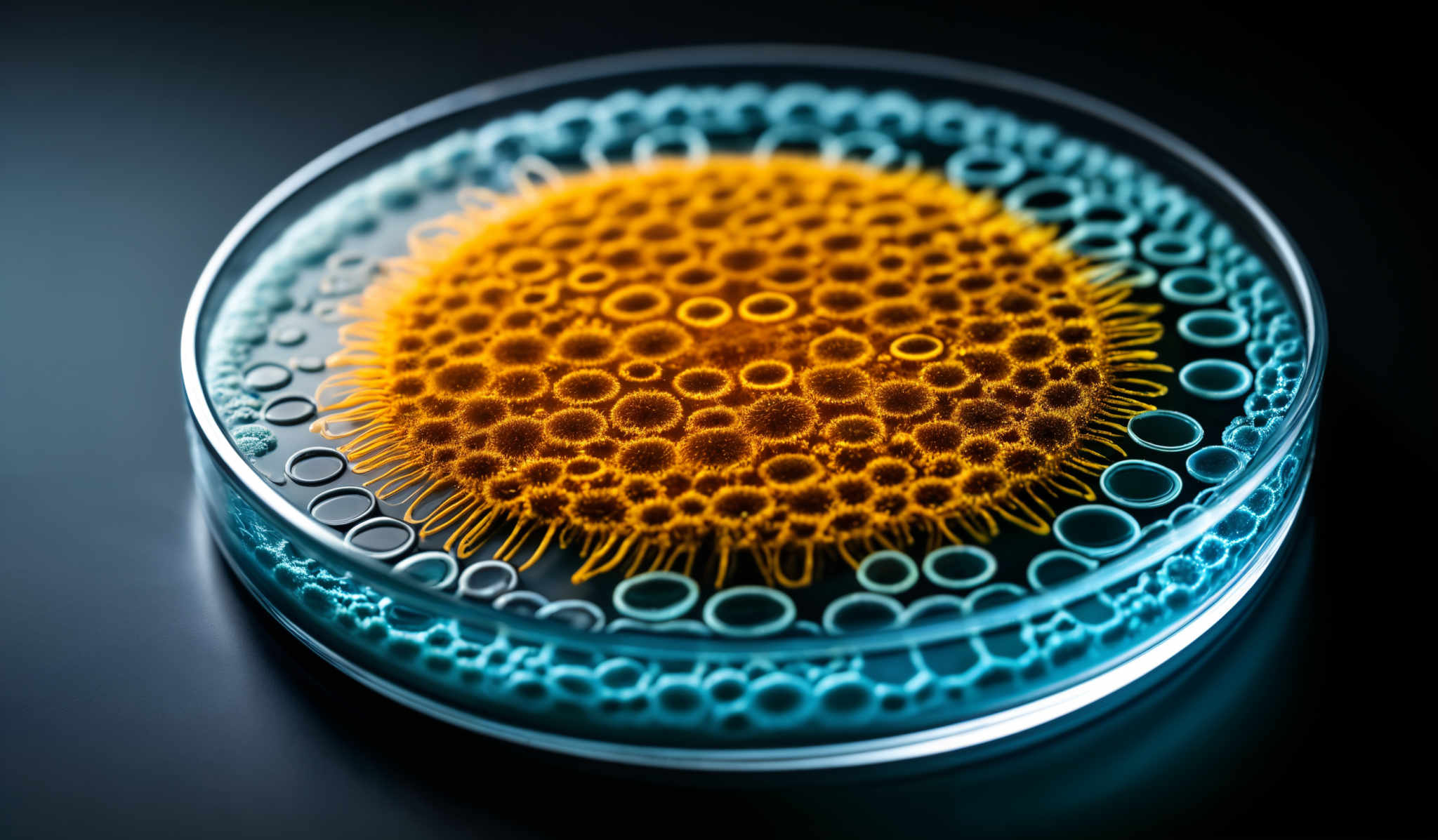 The image showcases a circular glass container with a vibrant yellowish-orange substance at its center. This substance has a dense, bubbly texture, reminiscent of a coral or a mushroom. Surrounding this central mass are concentric circles of smaller bubbles, varying in size. The background is a deep blue, providing a stark contrast to the yellowish hue of the central substance.