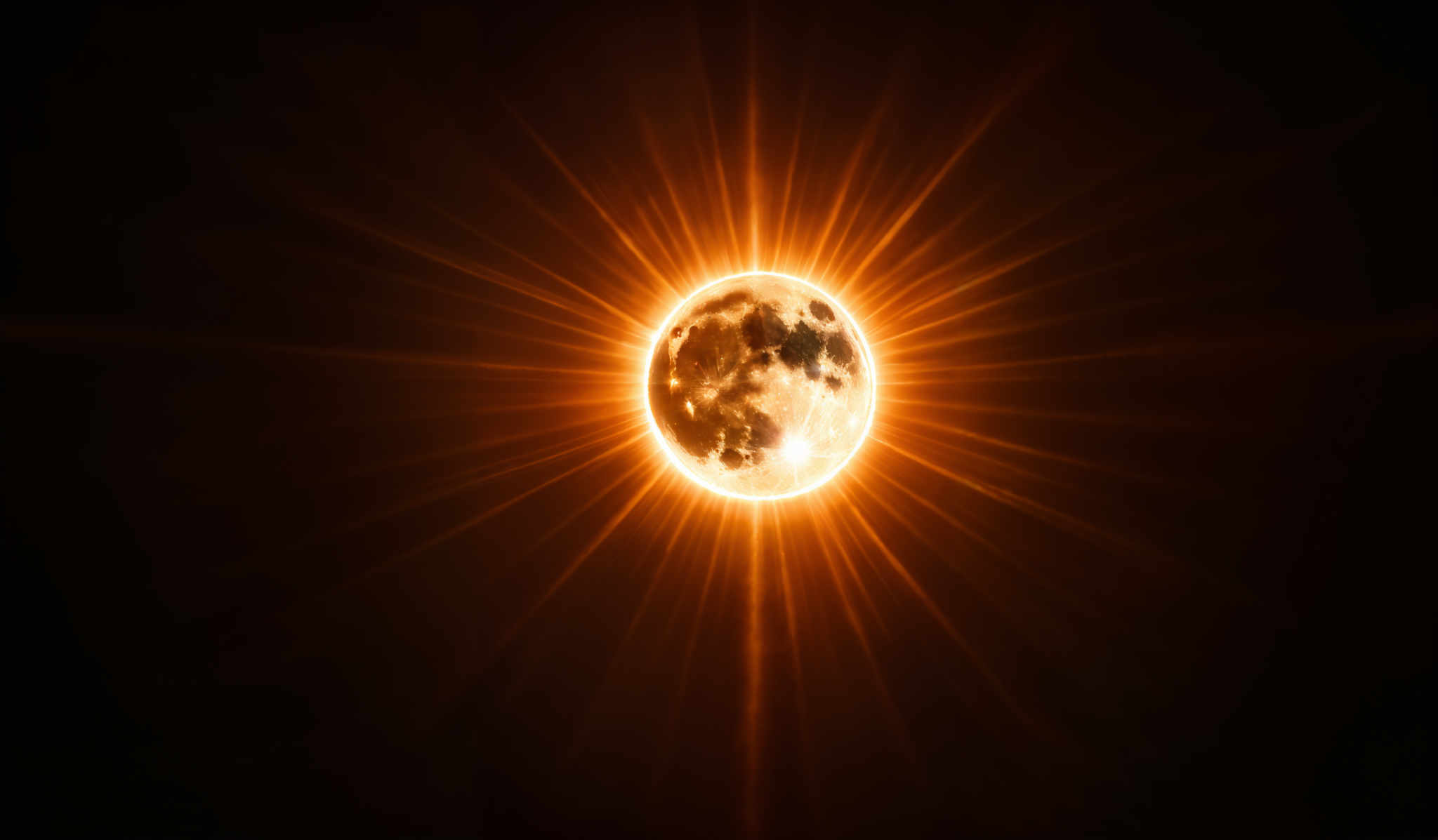 The image showcases a radiant, glowing moon surrounded by a burst of light emanating outward. The moon itself is a mix of light and dark, with visible craters and a silvery hue. The surrounding light displays a spectrum of warm colors, predominantly orange and red, creating an aura of intensity and drama.