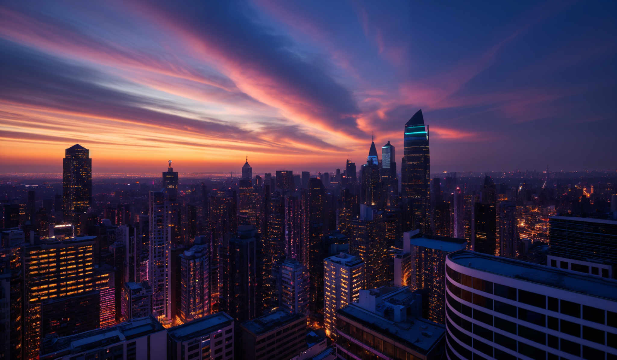 The image showcases a stunning cityscape during sunset or sunrise. The sky is painted with hues of orange, pink, and purple, with streaks of clouds that add depth and texture. The city below is illuminated with the warm glow of lights from buildings, streets, and vehicles. The tall skyscrapers dominate the scene, with one particularly prominent building having a unique, sharp, and pointed design. The overall ambiance is serene, yet bustling, capturing the essence of a modern metropolis.