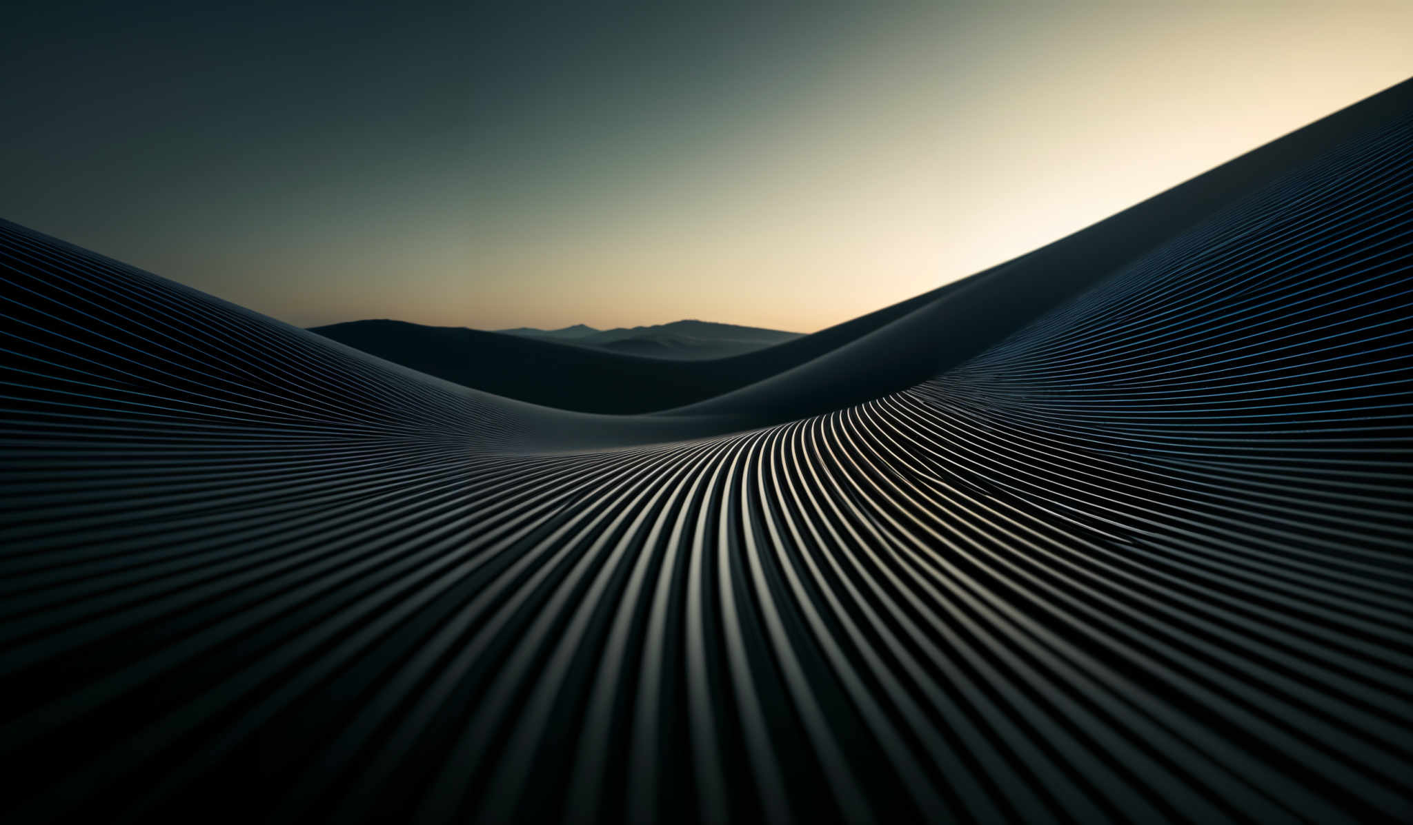 The image showcases a series of undulating, ridged patterns that appear to be made of a dark material. These patterns are set against a backdrop of a gradient sky transitioning from a deep blue at the top to a soft orange near the horizon. The shapes are symmetrical and repetitive, creating a sense of rhythm and flow. The ridges are parallel to each other, and the overall effect is both mesmerizing and harmonious.