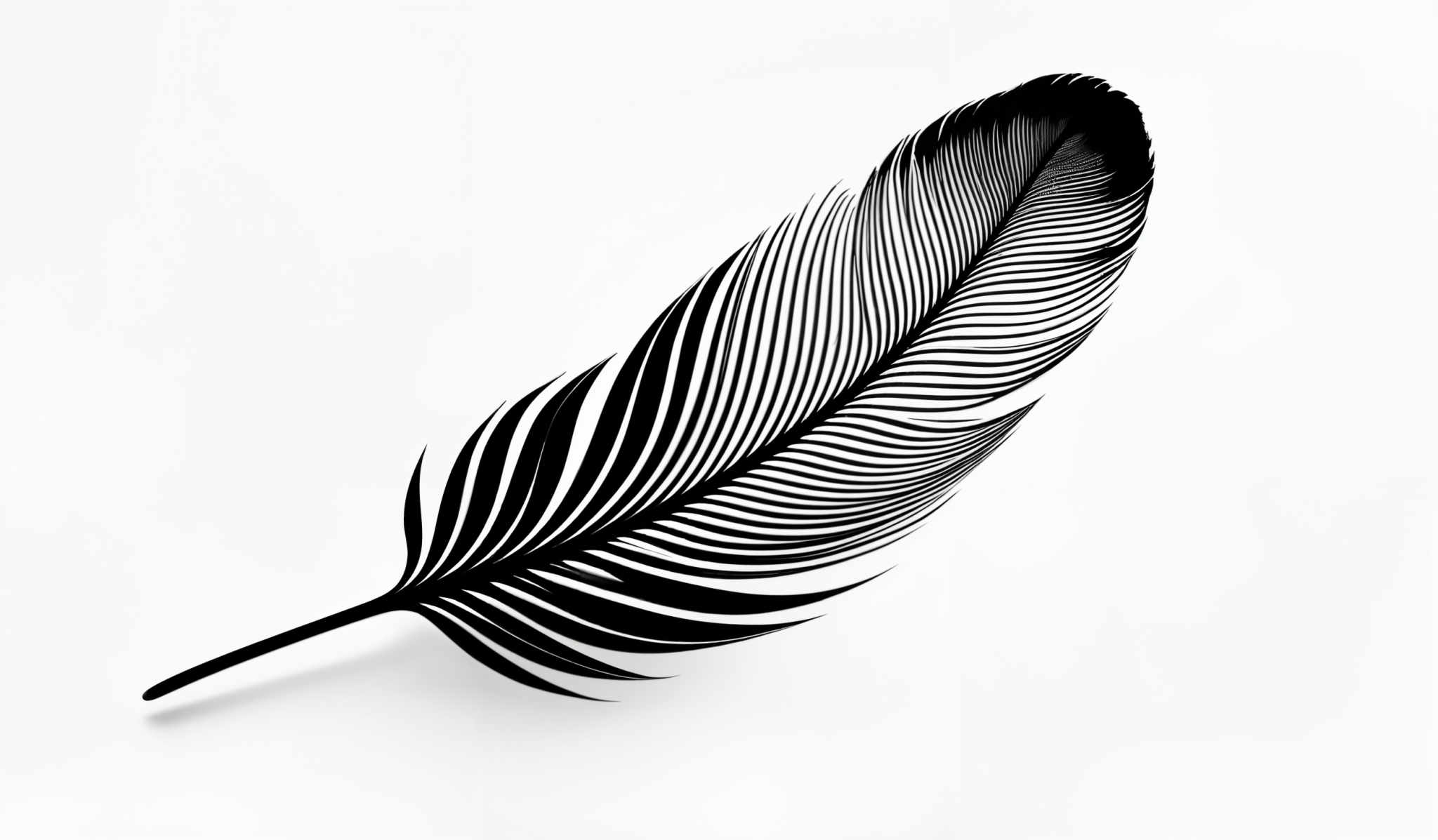 The image showcases a monochromatic feather with a slender and elongated shape. The feather displays intricate patterns of parallel lines, creating a sense of depth and texture. The background is plain white, which accentuates the feather's details and gives it a prominent appearance.