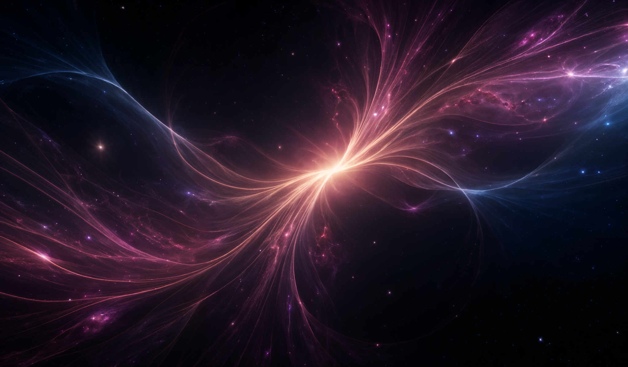 The image showcases a vibrant and mesmerizing cosmic scene. It predominantly features swirling patterns of vivid colors, including shades of pink, blue, and gold. These patterns resemble nebulae or cosmic gas and dust, intertwining and radiating outwards. The central region emits a bright golden light, suggesting a source of energy or a star. The background is filled with a deep black, punctuated by distant stars, adding depth and dimension to the scene.