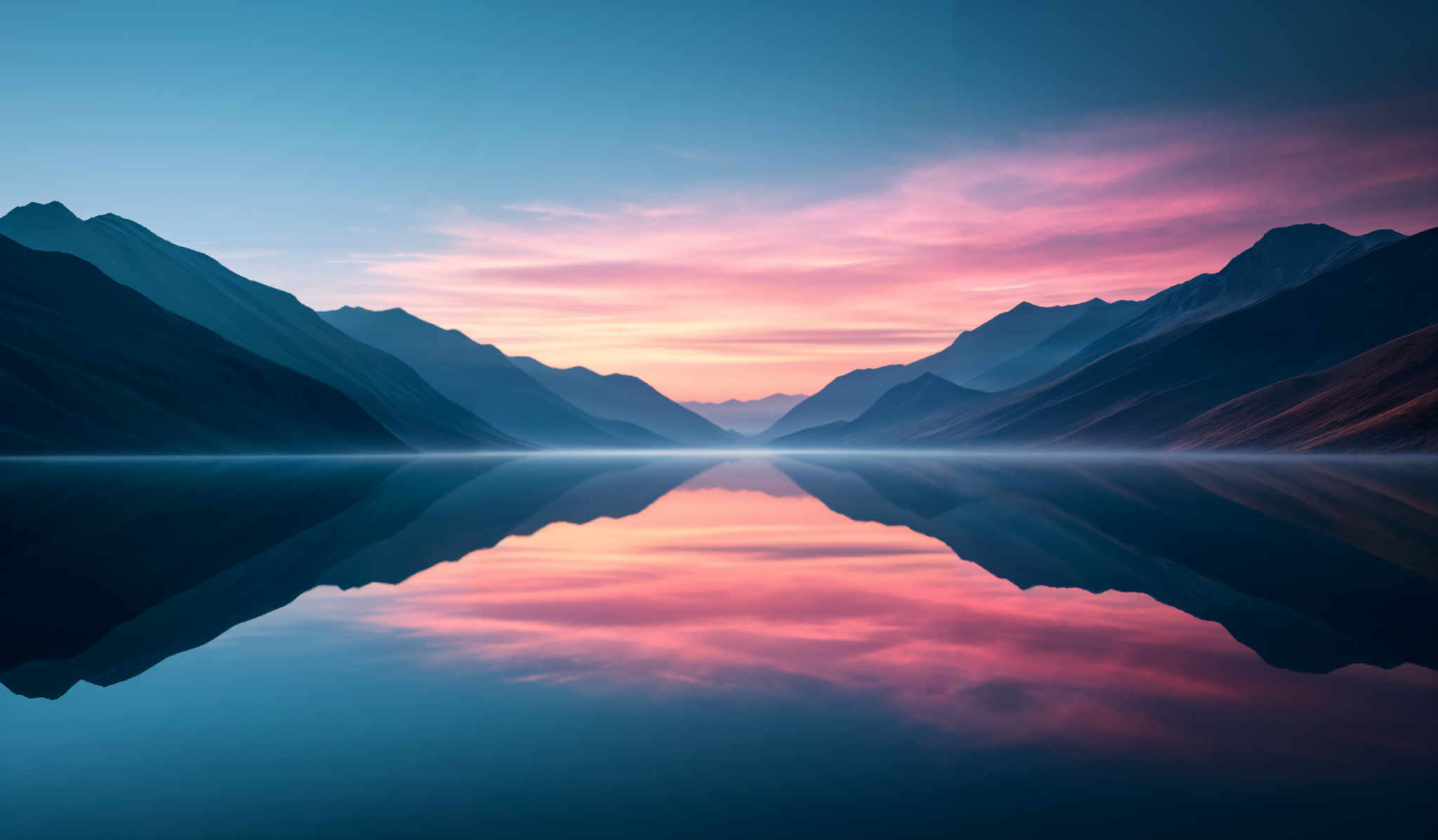 The image showcases a breathtaking landscape during what appears to be either dawn or dusk. Dominating the scene are towering, jagged mountains that are enveloped in shadows, with their peaks illuminated by the soft glow of the setting or rising sun. The sky is painted with hues of pink, purple, and blue, creating a mesmerizing contrast with the dark silhouette of the mountains. The most striking feature is the reflection of the entire scene in a calm, mirror-like body of water below, creating an almost symmetrical view. The water's surface is so still that it mirrors the mountains and the sky with almost perfect clarity.