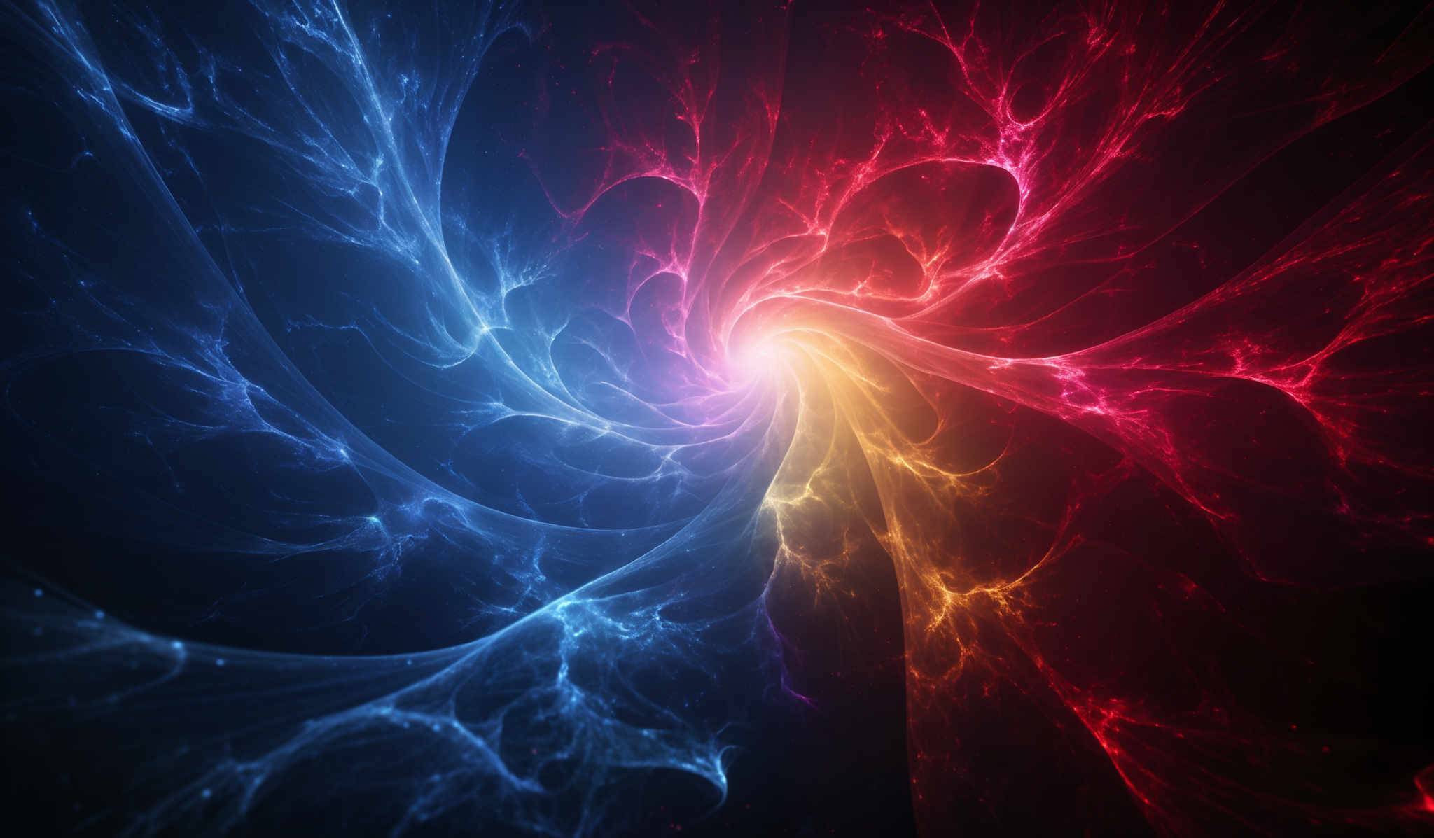 The image showcases a vibrant and mesmerizing interplay of colors. Dominantly, there are hues of blue, red, and gold. The blue and red seem to converge towards a central point, creating a swirling effect. This central point emits a bright golden glow. The shapes are intricate, resembling tendrils or branches that radiate outwards, intertwining and overlapping. The overall impression is of a dynamic, energetic, and possibly cosmic phenomenon.