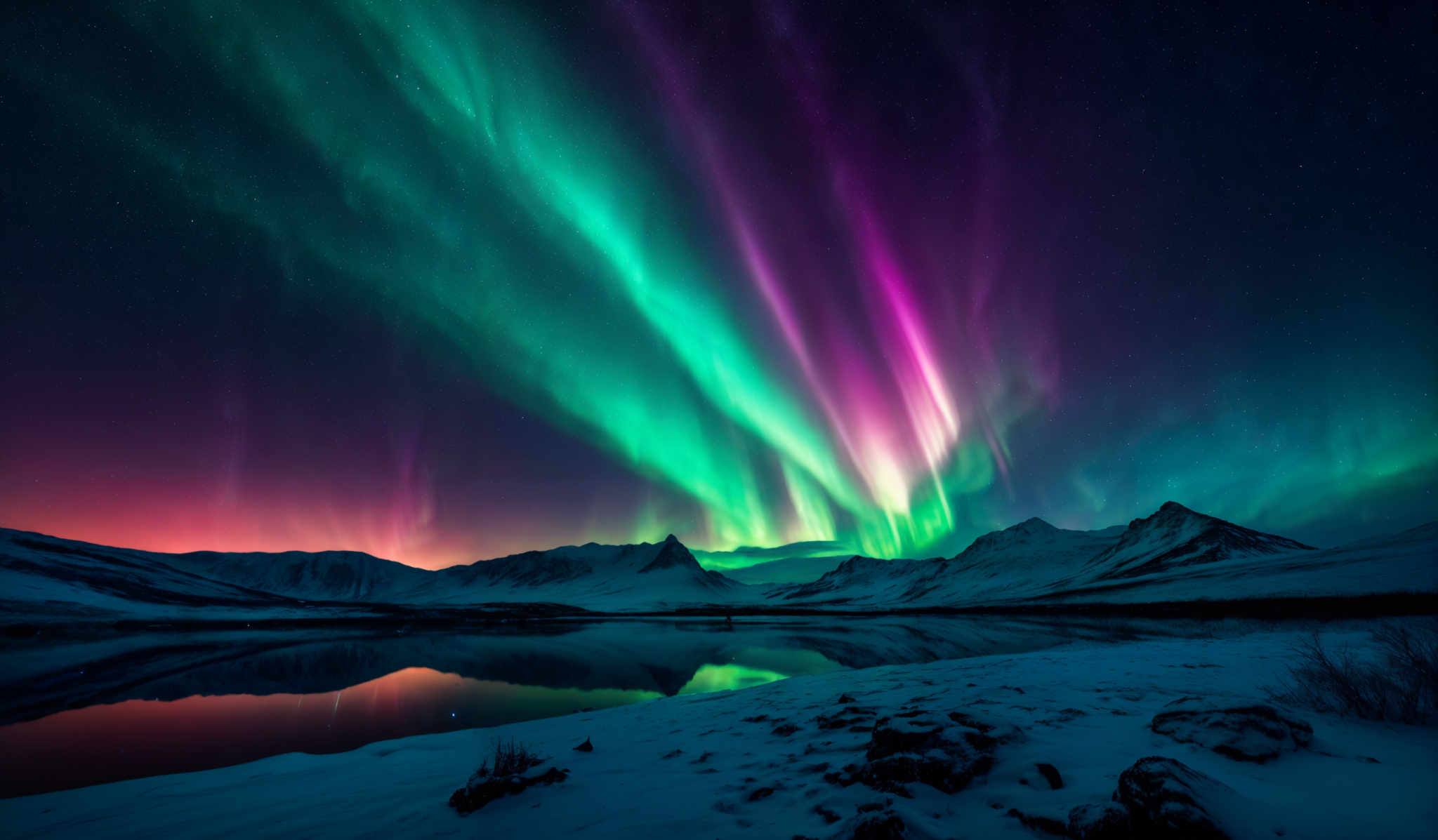 The image showcases a breathtaking view of the Northern Lights, also known as the Aurora Borealis. The lights display a vibrant array of colors, including shades of green, purple, and pink, cascading down in curtain-like patterns against a dark, starry sky. The landscape below is snow-covered, with a serene body of water reflecting the lights. Majestic snow-capped mountains rise in the background, and the foreground features a frozen terrain with some rocks and shrubs.