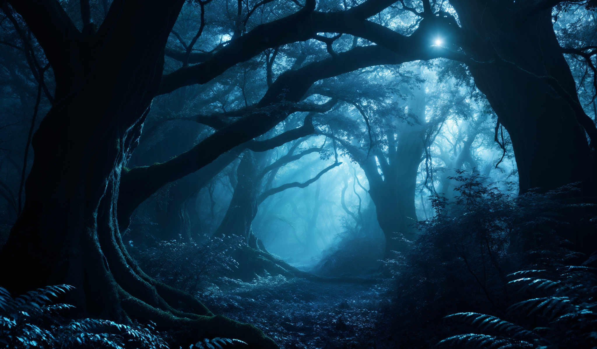 The image showcases a mystical forest with a predominant blue hue. The trees have gnarled and twisted branches, creating an archway effect. The ground is covered with ferns and moss, adding to the ethereal ambiance. The light filtering through the trees creates a soft glow, illuminating the path ahead.