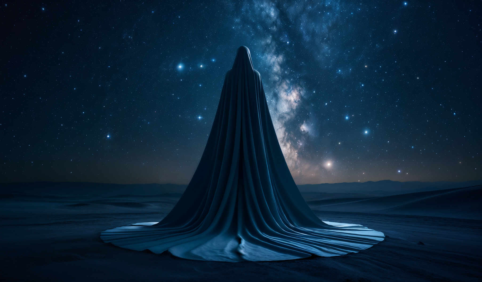 The image showcases a vast night sky filled with stars and a prominent Milky Way galaxy. The colors are predominantly deep blues and blacks, creating a serene and mysterious ambiance. In the foreground, there's a large, flowing white fabric or cloak that stands erect, draped over a sandy or rocky terrain. The fabric's shape is cylindrical, with its base spreading out wide and its top tapering upwards, almost resembling a statue or a sentinel guarding the landscape.