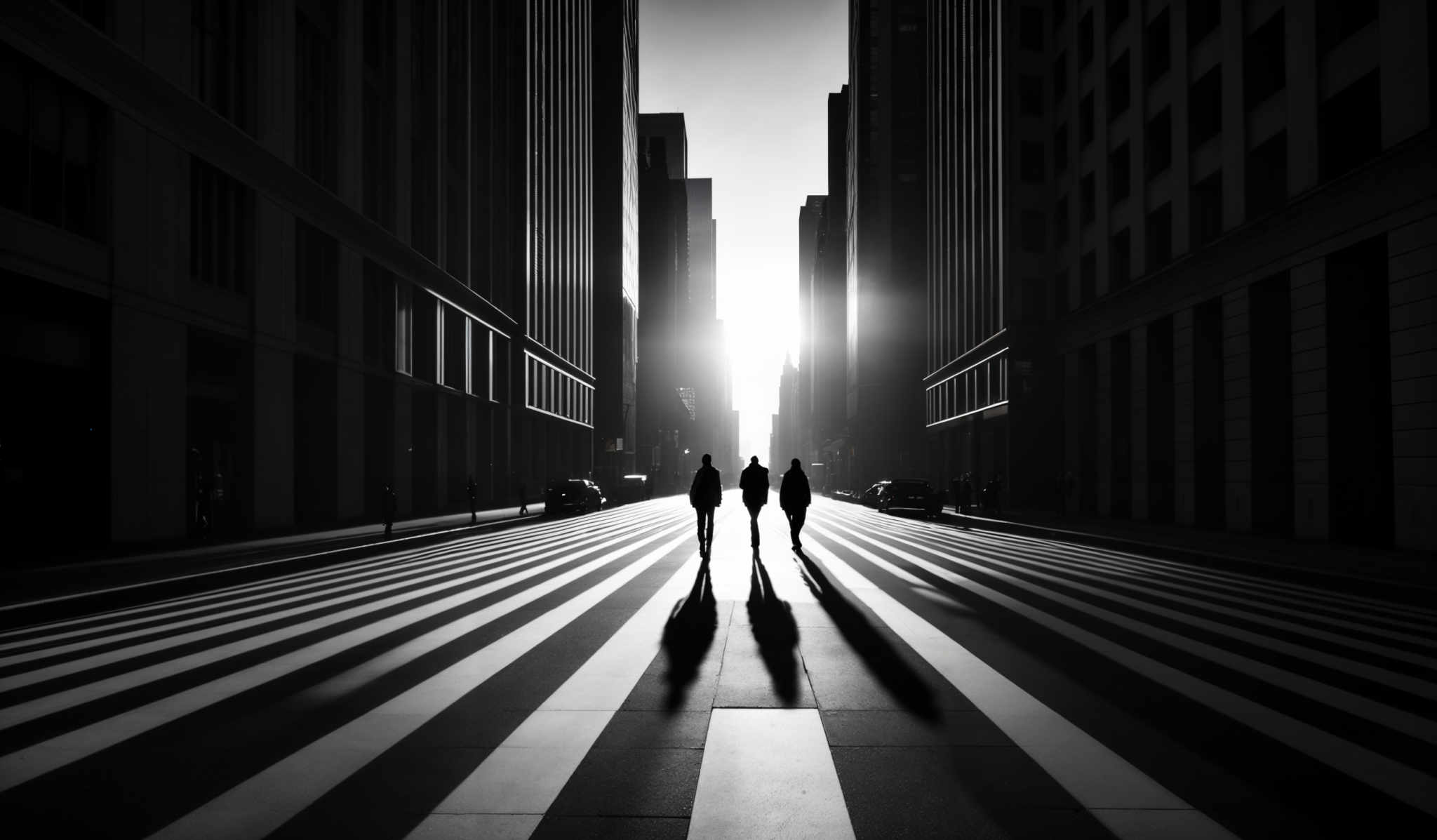 The image is in black and white, showcasing a cityscape with tall buildings on either side. The buildings have a modern architectural design with large windows. The street is wide and straight, leading towards a bright light source, possibly the sun, at the end. There are three silhouettes of people walking on the zebra crossing, casting long shadows on the ground. The pattern of the zigzag stripes on the road creates a visually striking contrast with the straight buildings and the converging lines of the people's shadows.