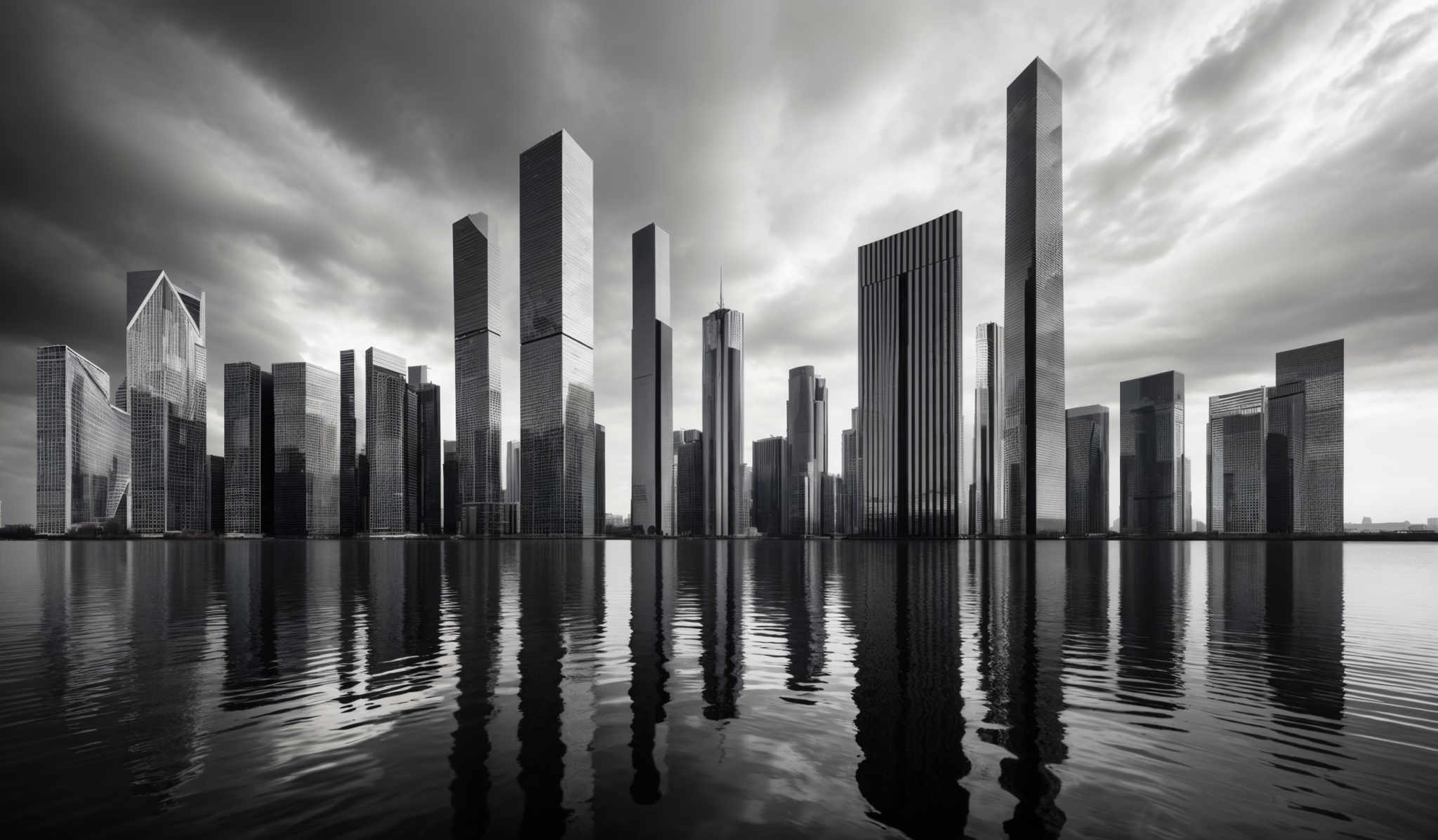 The image showcases a monochromatic cityscape with tall skyscrapers reflecting on calm waters. The skyscraper designs are modern, with sleek glass facades and varying heights. The sky is overcast with dark clouds, adding a dramatic effect to the scene. The reflection in the water mirrors the buildings, creating a symmetrical visual effect.